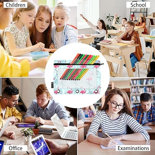 Miniatura 6 de Estuche para lápices de flamenco rosa para carpeta de 3 anillas, 2 bolsas para lápices con bolsillo con cremallera, bolsa para lápices con ventana