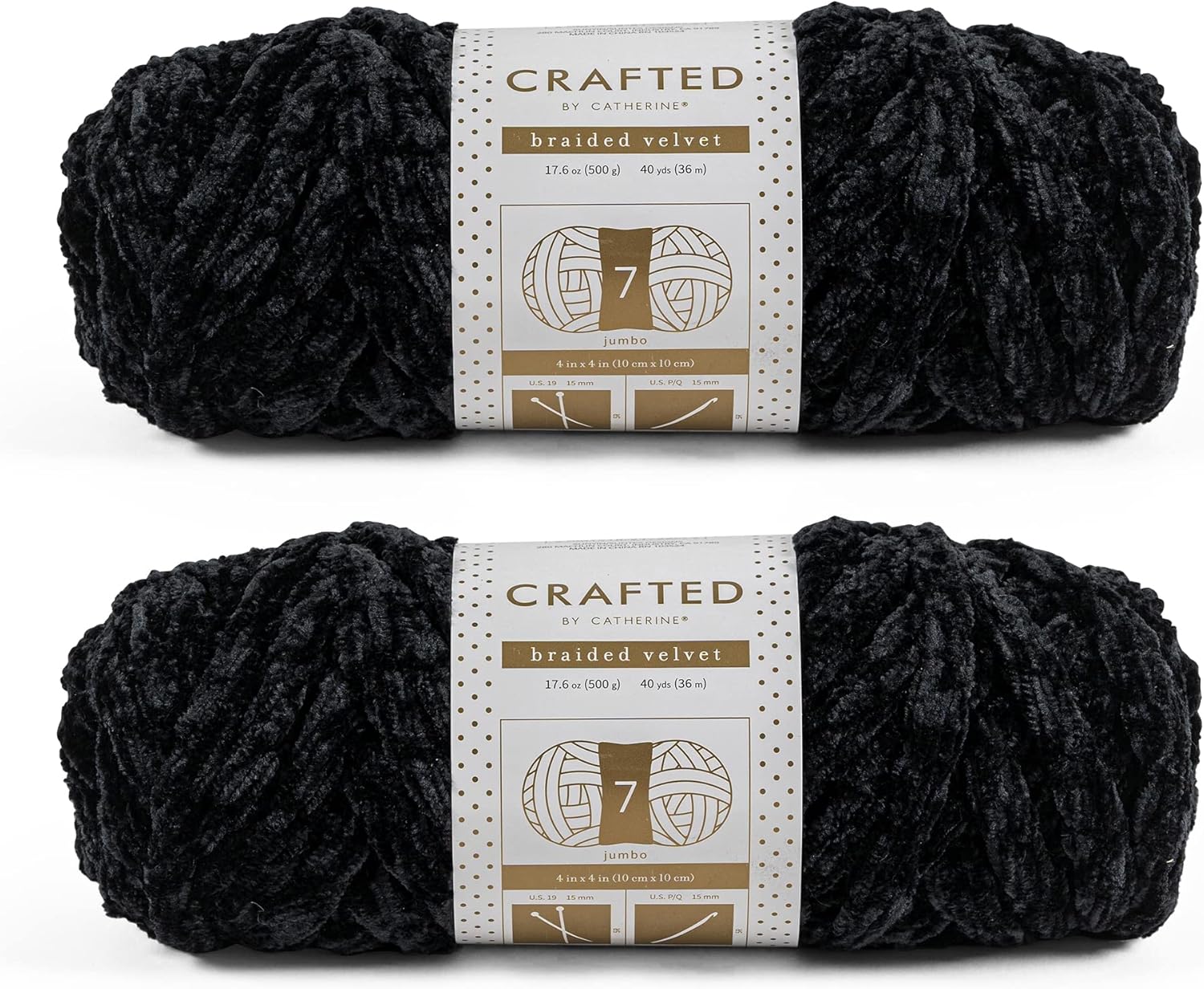 Crafted By Catherine Braided Velvet Yarn - 2 Pack (40 Yards Each Skein), Black, Gauge 7 Jumbo