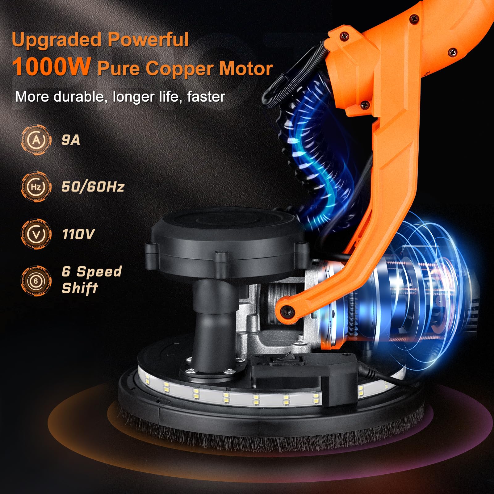 Protmex Giraffa Levigatrice, 1000W Levigatrice per Muro con Aspiratore e Luce LED 6 Velocità 800-2200RPM, Dischi di Levigatura 15pcs, Pieghevole Estensibile per Muri