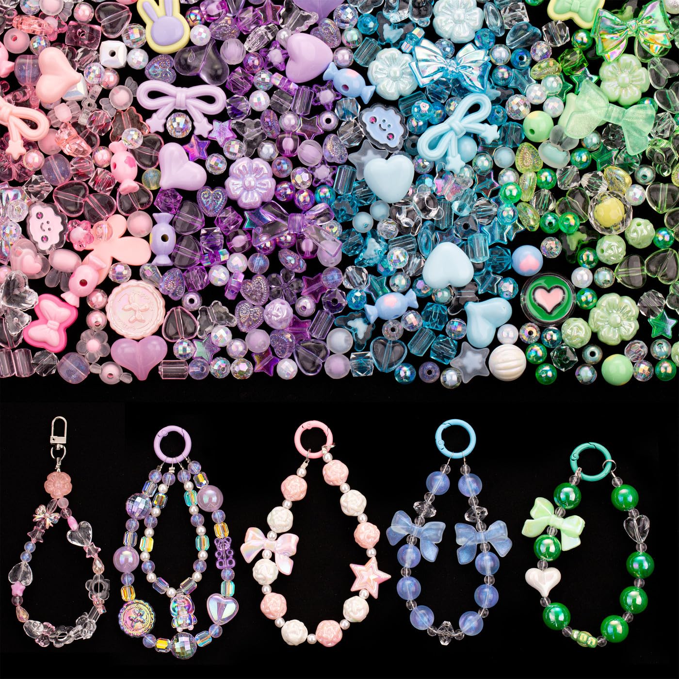 GUJOXILA Cute Acrylic Beads for Crafting Assorted Bead for Bracelet Keychain Phone Charm Jewelry Making Kawaii Flower Bow Heart Bracelet Beads 180g