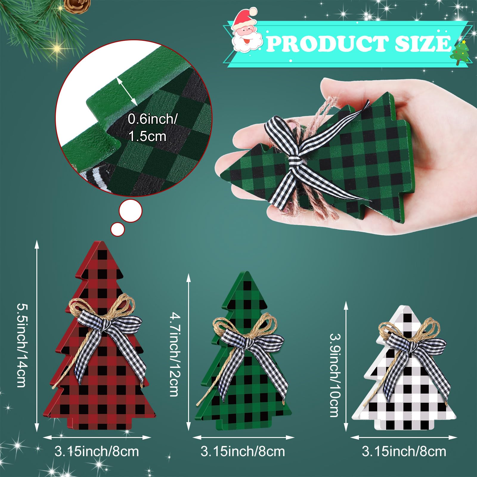 Christmas Decor 3 Pieces Wood Table Rustic Christmas Tree Farmhouse Wooden Xmas Centerpiece for Small Table Xmas Trees Tiered Tray Decoration(Buffalo Plaid Style)
