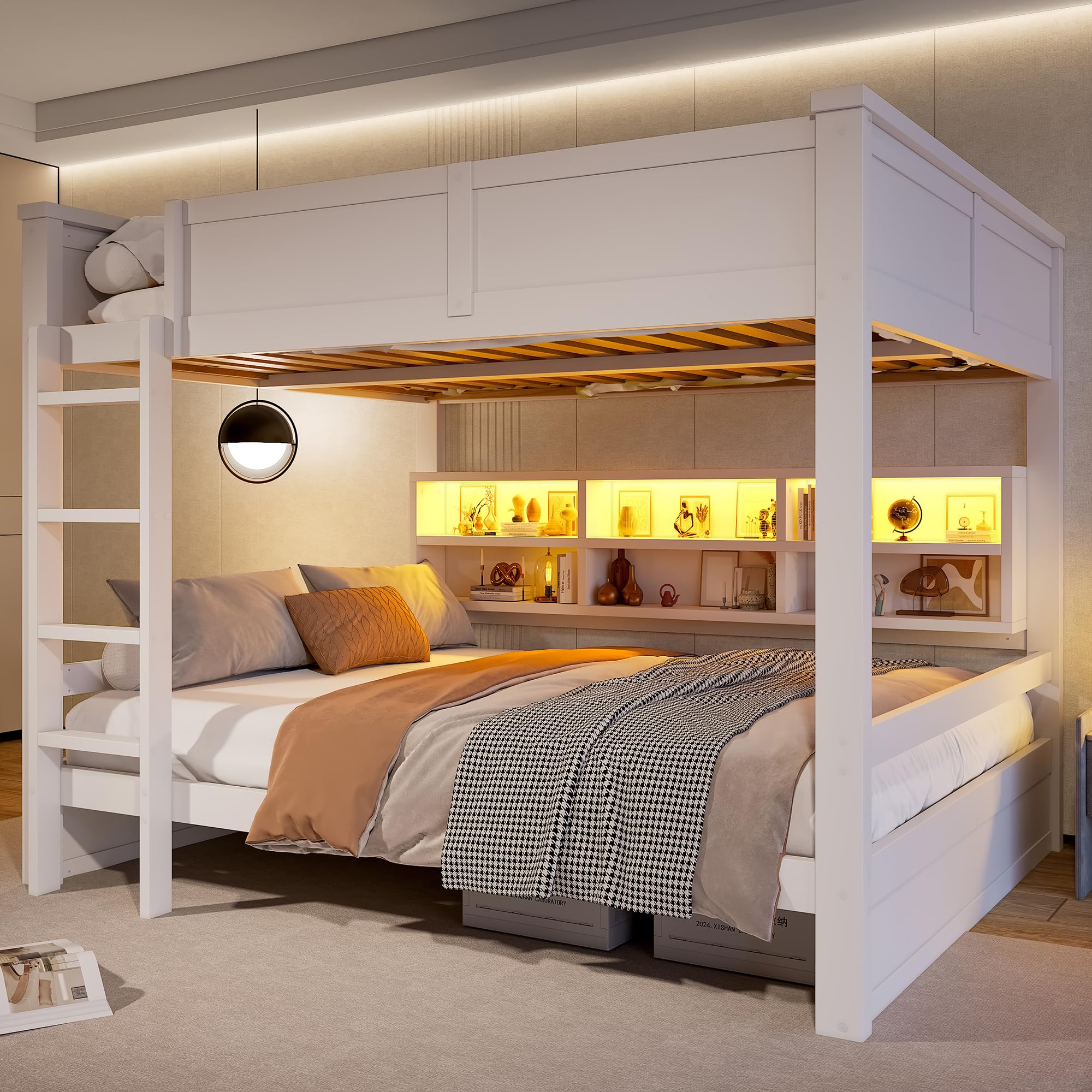 Letto a Castello 160x200 con Scaffali Portaoggetti e illuminazione a LED, Letto Matrimoniale con Rete a Doghe in legno, Protezione anticaduta, Strutture per letti per Bambini e Ragazzi(Senza Materasso