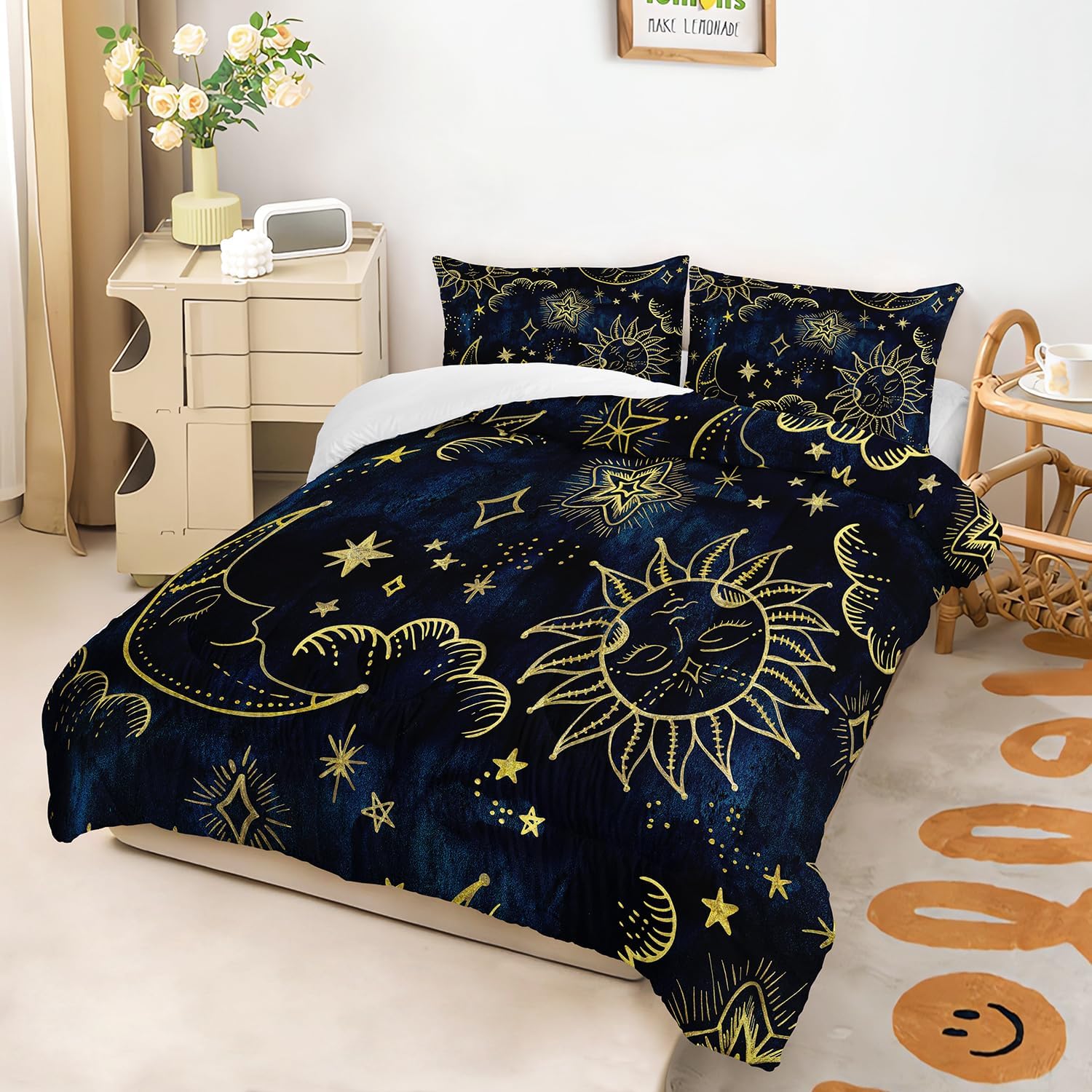3-Piece Duvet Set - Sun, Moon, & Star Celestial Print Comforter Set, Premium Soft Microfiber Bedding Queen (Navy Blue/Gold)