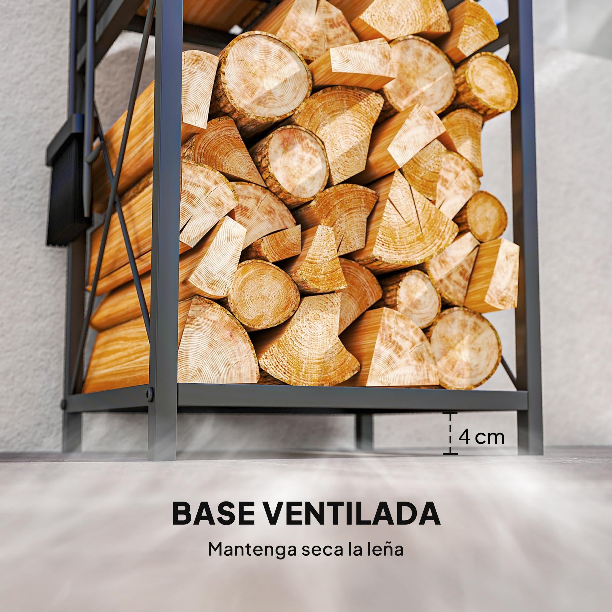 Outsunny Estante de Leña Metálico de Chimenea, Soporte para Leña de 2 Niveles, Leñero Exterior con 4 Herramientas, Ganchos y Base Elevada, para Interior y Exterior, 34x30x80 cm, Negro