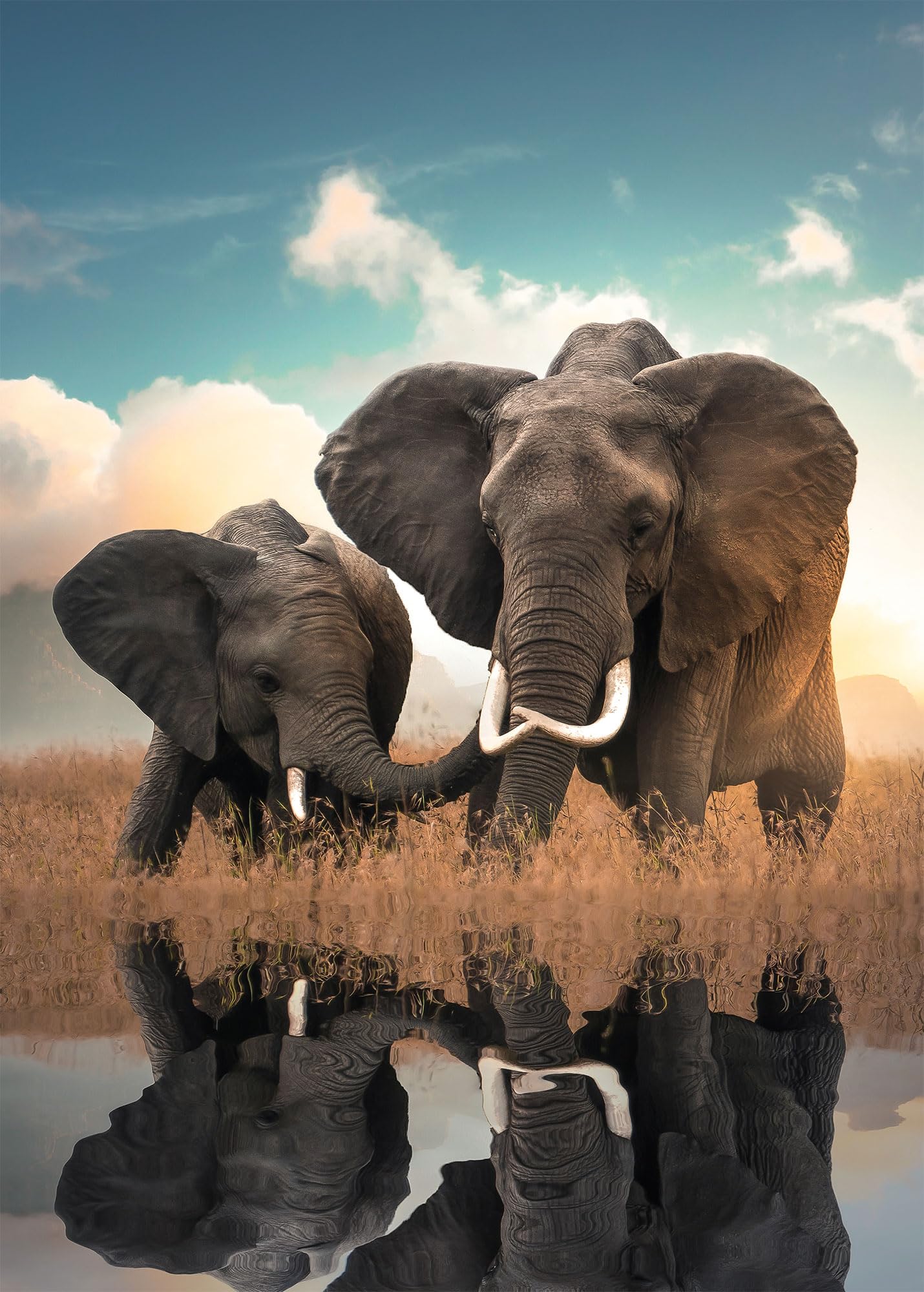 Ulmer Puzzleschmiede - Puzzle « Père & Son » - Puzzle classique de 2000 pièces - Puzzle sympathique éléphants africains au bord de l'eau
