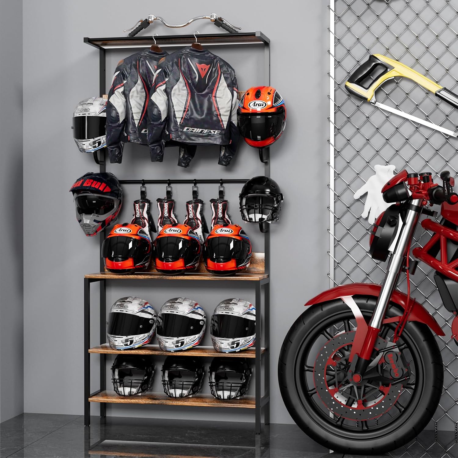 Motorcycle Helmet Holder Floor Mounted Stand, Wall Mount with Helmet Rack, 4 Glove Chips and 4 Hooks, Rustic Helmets Holder and Motorcycle Helmets Rack for Most of Helmet