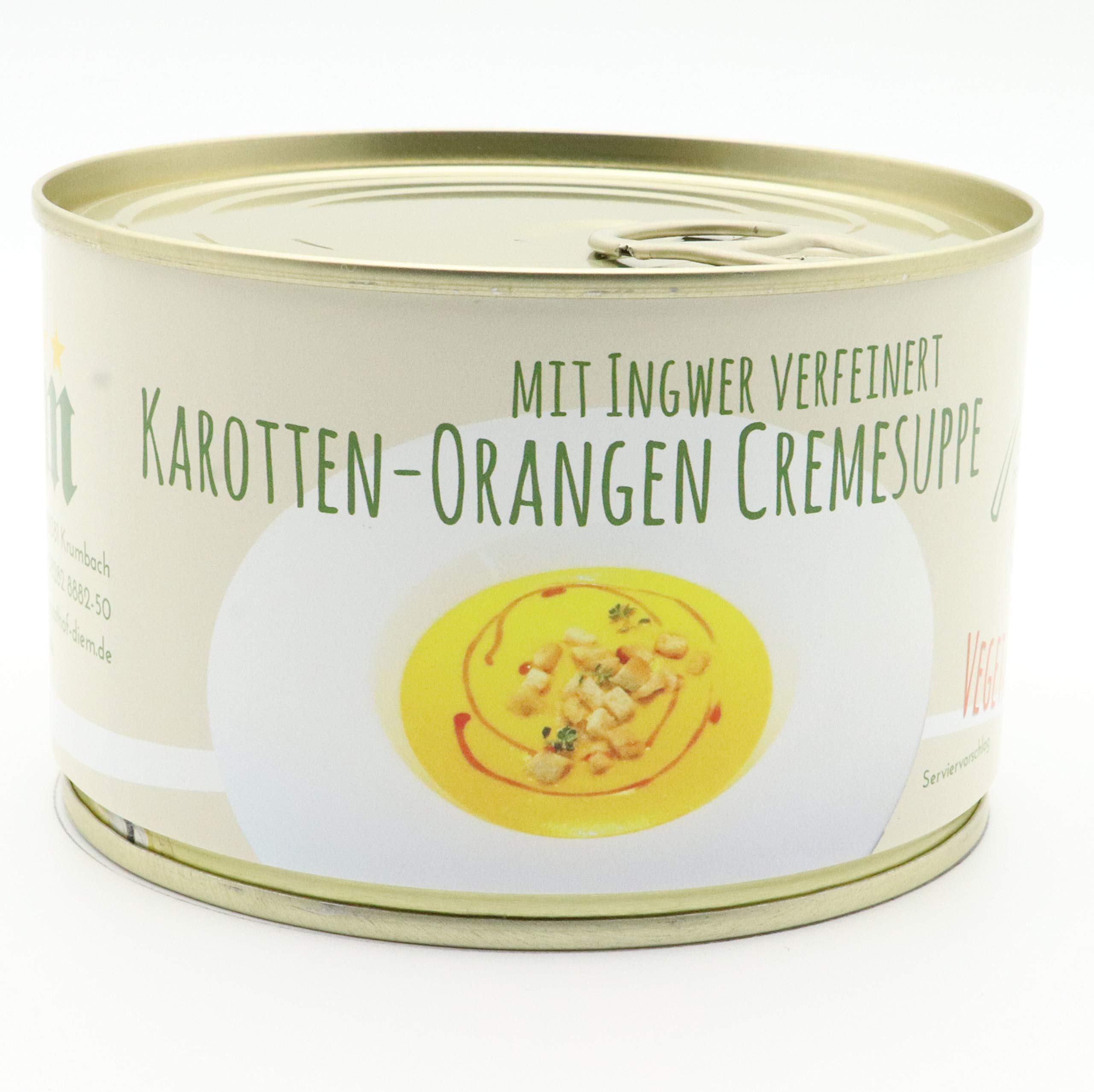Diem Suppe Paket , Probierpaket - Lieblingssuppe - Apfel Sellerie Suppe, Zwiebelsuppe, Kartoffelsuppe, Karotten Orangen Suppe, Tomatencremesuppe, Gulaschsuppe 6 x 400g Konserve