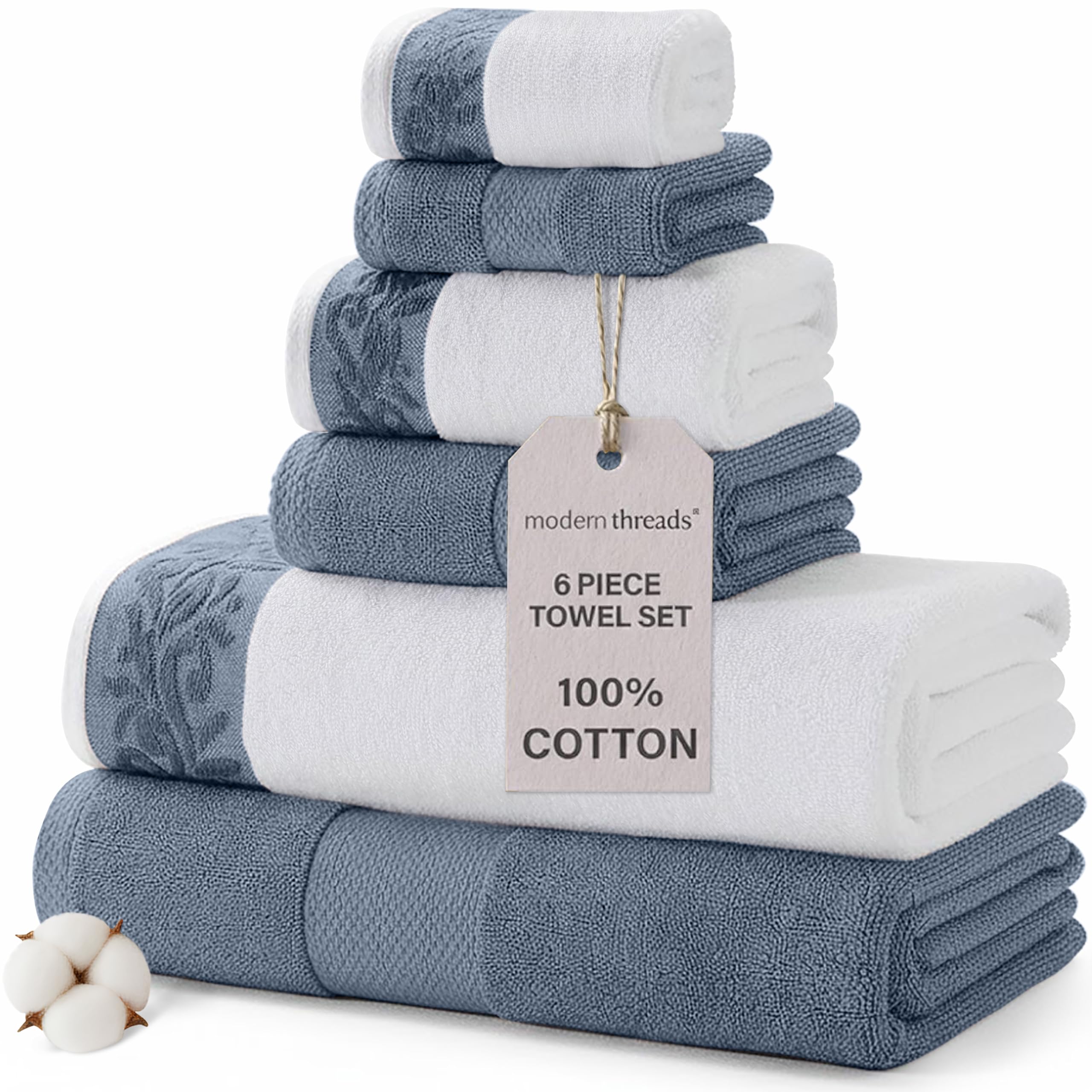 Modern Threads 600 GSM 6-Piece Towel Set with Filgree Jacquard Border Blue