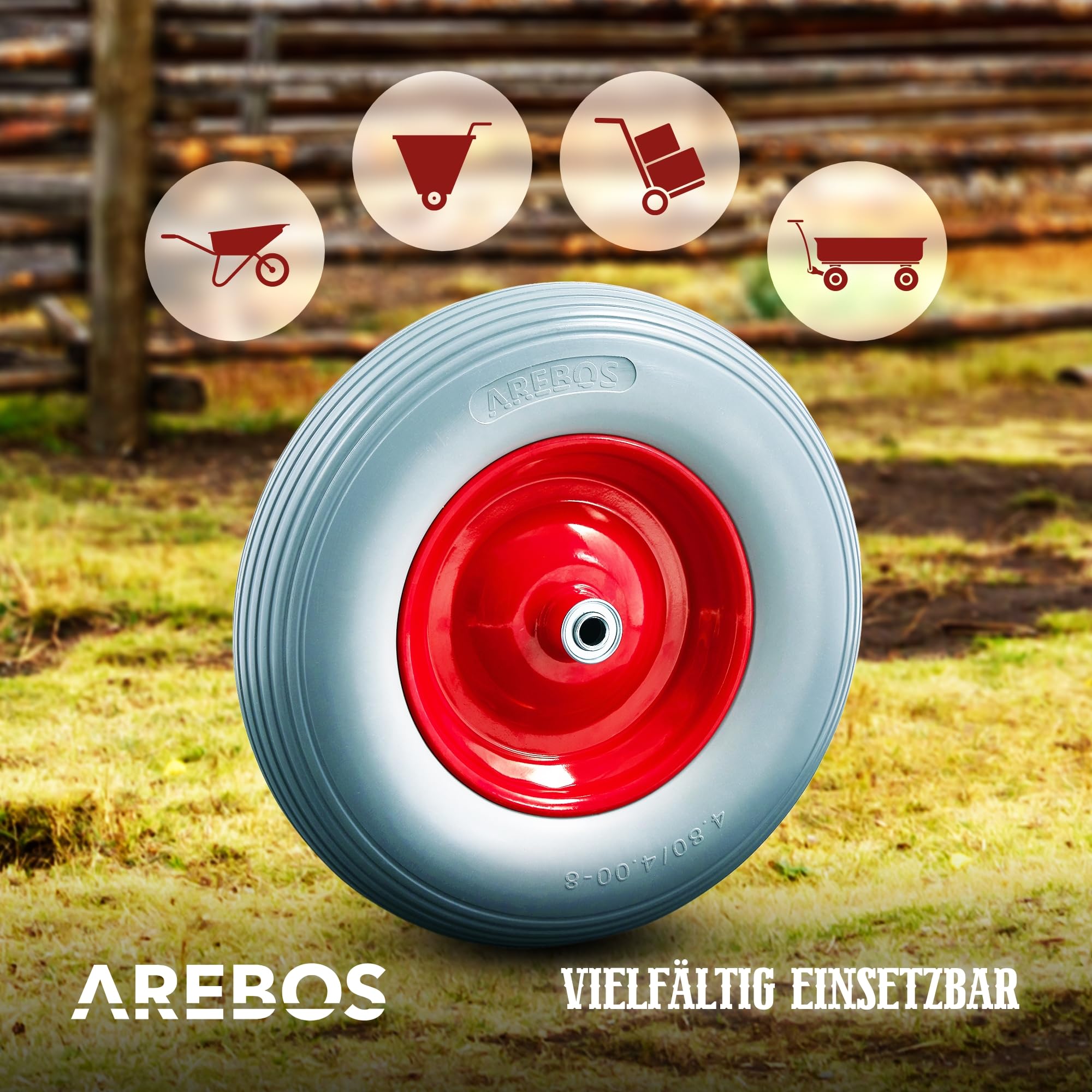 Arebos Schubkarrenrad aus pannensicherem PU Vollgummi Tragkraft 200 kg | Reifen mit Stahlfelge | 4.80/4.00-8 | Ersatzrad Gummirad mit Achse | Schubkarren Rad | Durchmesser 390 mm | Grau