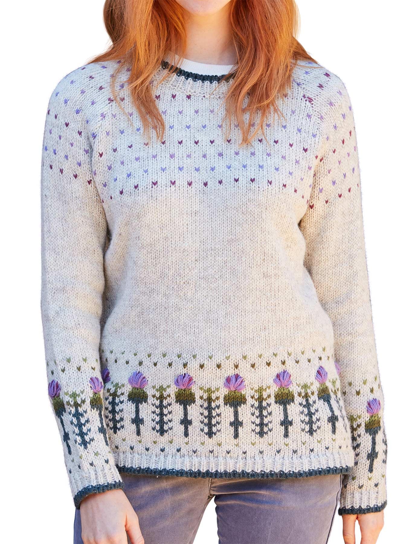 Pachamama Women Wool Jumper Handknitted Scots Thistle Design Oatmeal Handmade Thick Warm Pullover Sweater Fair Trade (UK, Alpha, M, Regular, Regular, Oatmeal)