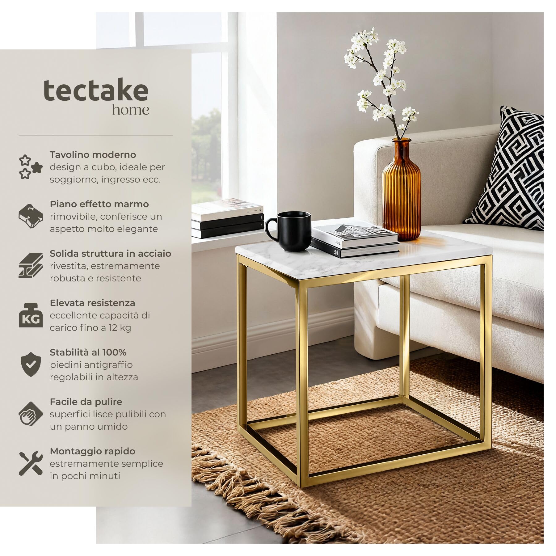 tectake® tavolino salotto in marmo, base in metallo, tavolino da caffè, tavolo basso rotondo, tavolino basso in marmo moderno per salotto, soggiorno,metallo, design, tavolo da balcone - Bianco/Oro