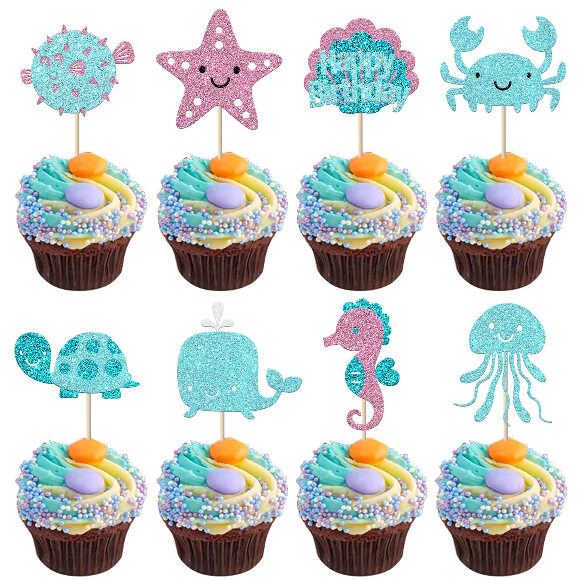 Xsstarmi 24 Pack Ocean Animals Cupcake Toppers Light Blue Glitter Cartoon Whale Turtle Starfish Jellyfish Cupcake Picks for Under the Sea Theme Baby Shower Kids Birthday Party Cake Decorations โ image 1