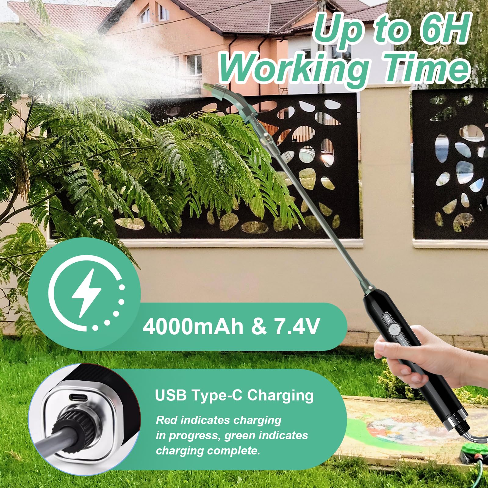Spruzzatore a pressione a batteria da 5 litri, spruzzatore elettrico per piante con 3 ugelli, spruzzatore a pressione a batteria per irrigazione da giardino, controllo dei parassiti in agricoltura