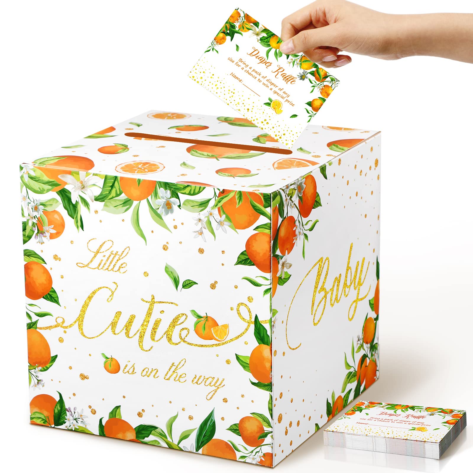 Fumete 51 Pcs Little Cutie Orange Diaper Raffle Card Box with Diaper Raffle Tickets Insert Card Little Cutie Orange Is on The Way, for Baby Shower