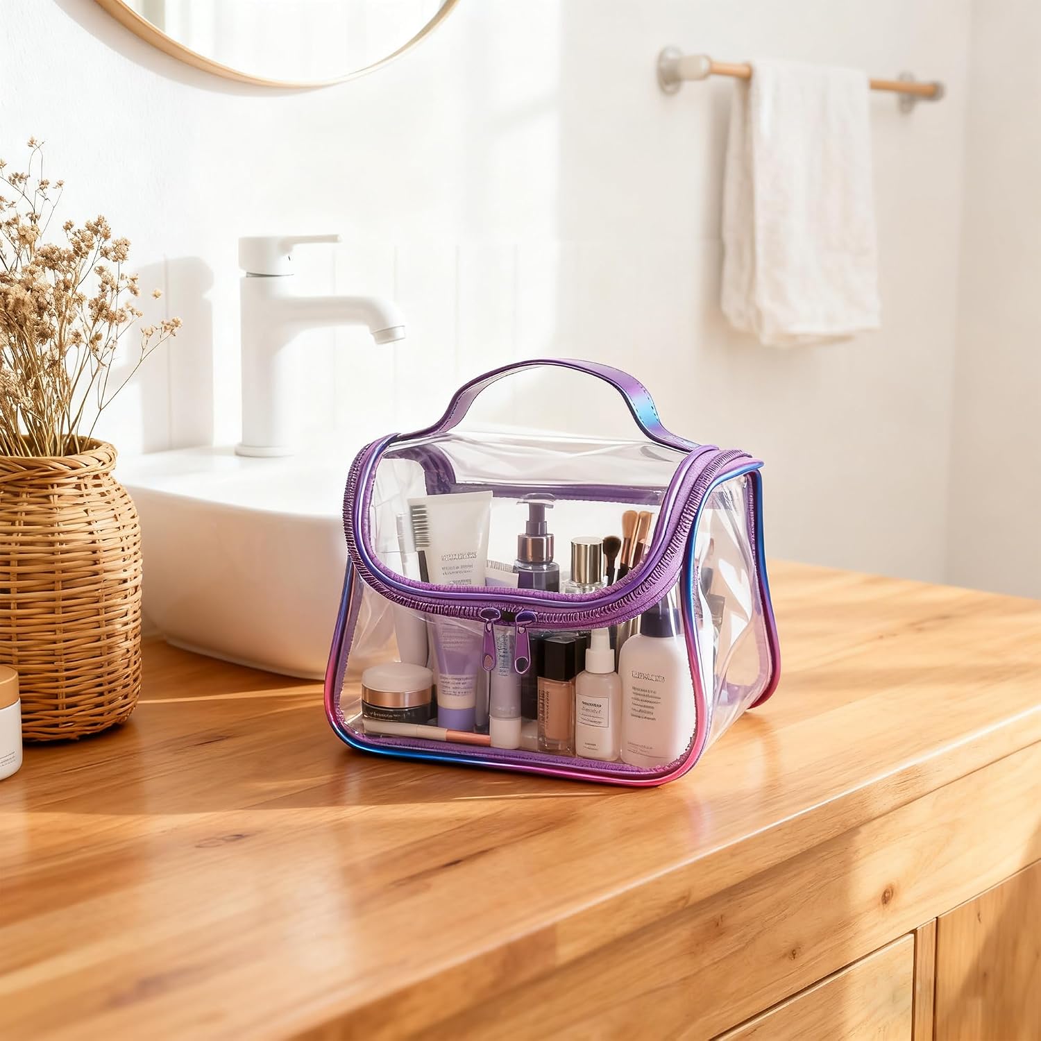 Heavy Duty Clear Travel Makeup Bag, 9.05 x 5.9 x 5.51 inches, Transparent Waterproof Toiletry Organizer with Handle PVC Cosmetic Wash Bath Storage Bag (Purple)