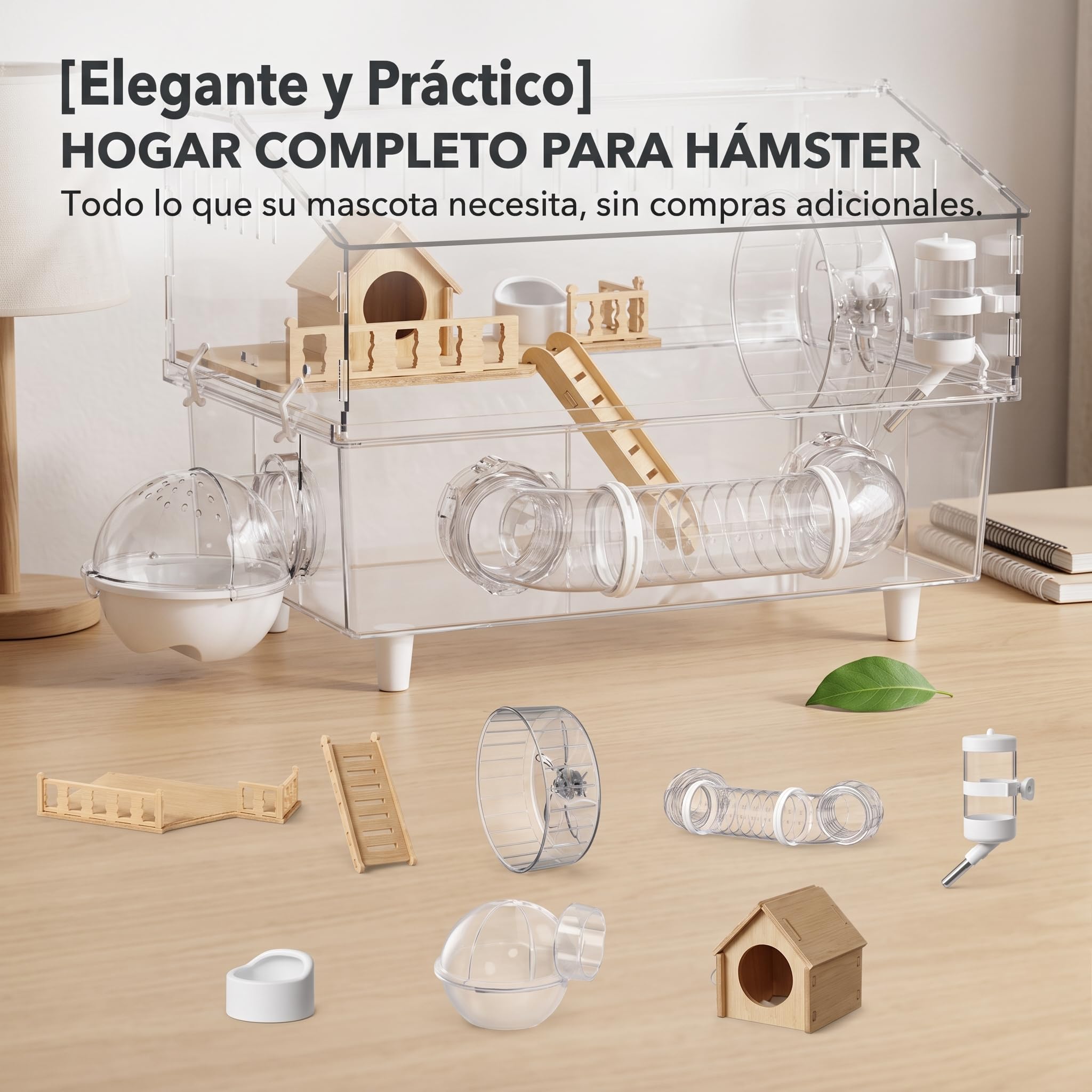 Jaula hámster Gran Transparente 2 Niveles, terrario hábitat con Tubos y casa para hámster, Jaula de Lujo de Villa elevada de 45 con túnel - Cabaña de Madera