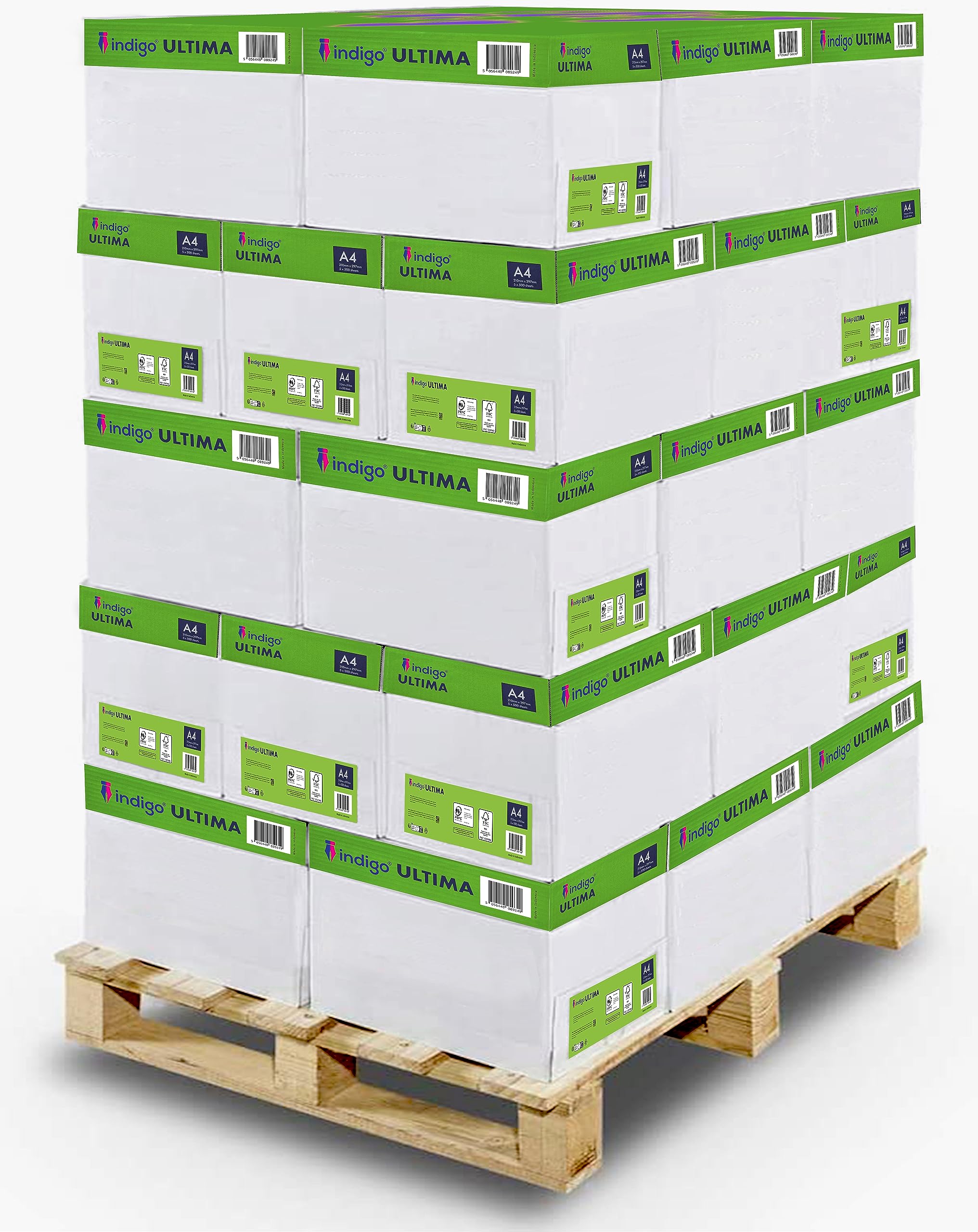 Indigo® A4 Ultima White Plain Printer Paper – 40 Boxes (5 Reams Each) – 2500 Sheets Per Box (70/75 GSM) – 1 Pallet