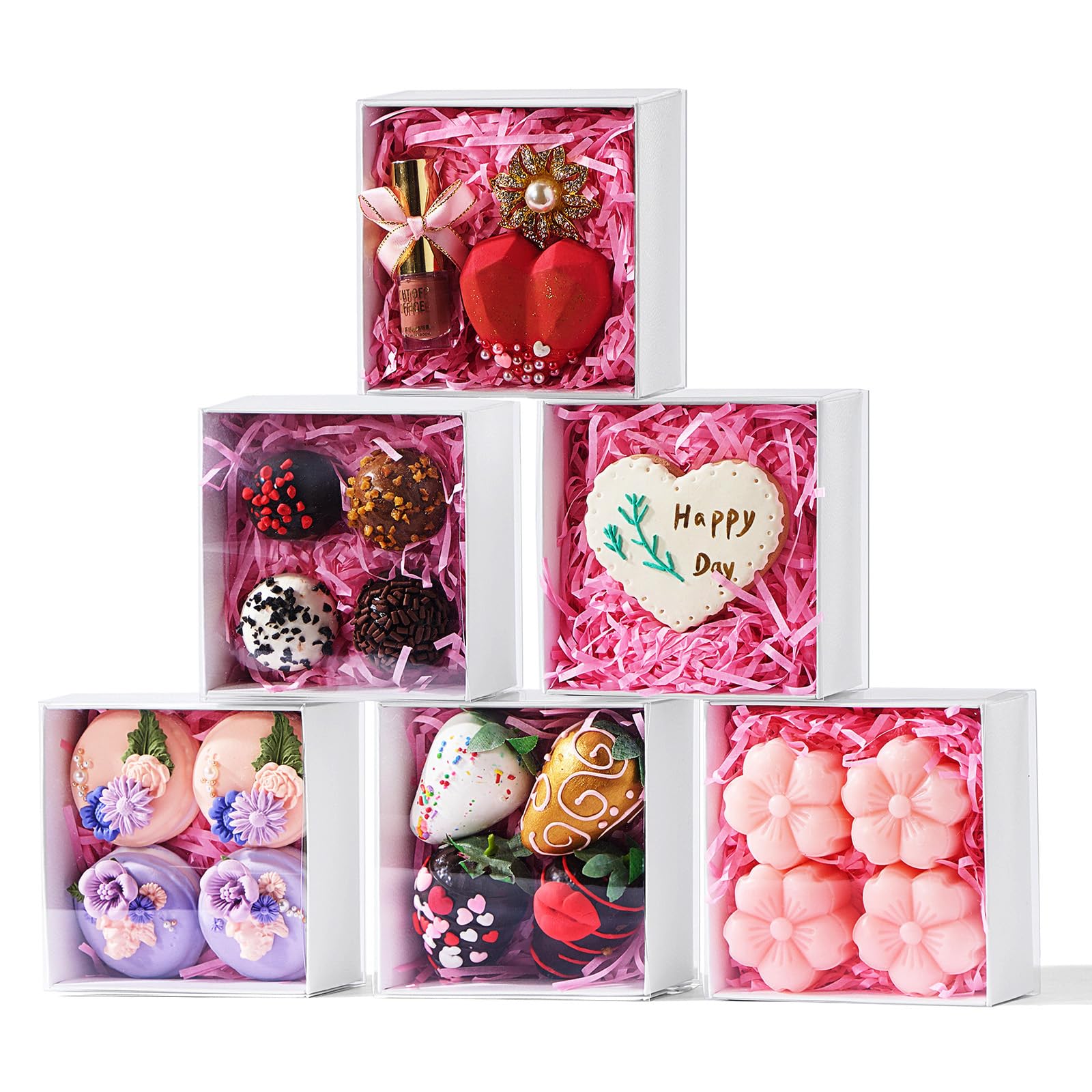 50-Pack of 4x4x2 Inch White Bakery Gift Boxes with Clear Pull-Out Drawers - Perfect for Macarons, Cookies, Truffles, Donuts - Holiday Party Favors, Christmas Treats & Professional Bakery Packaging