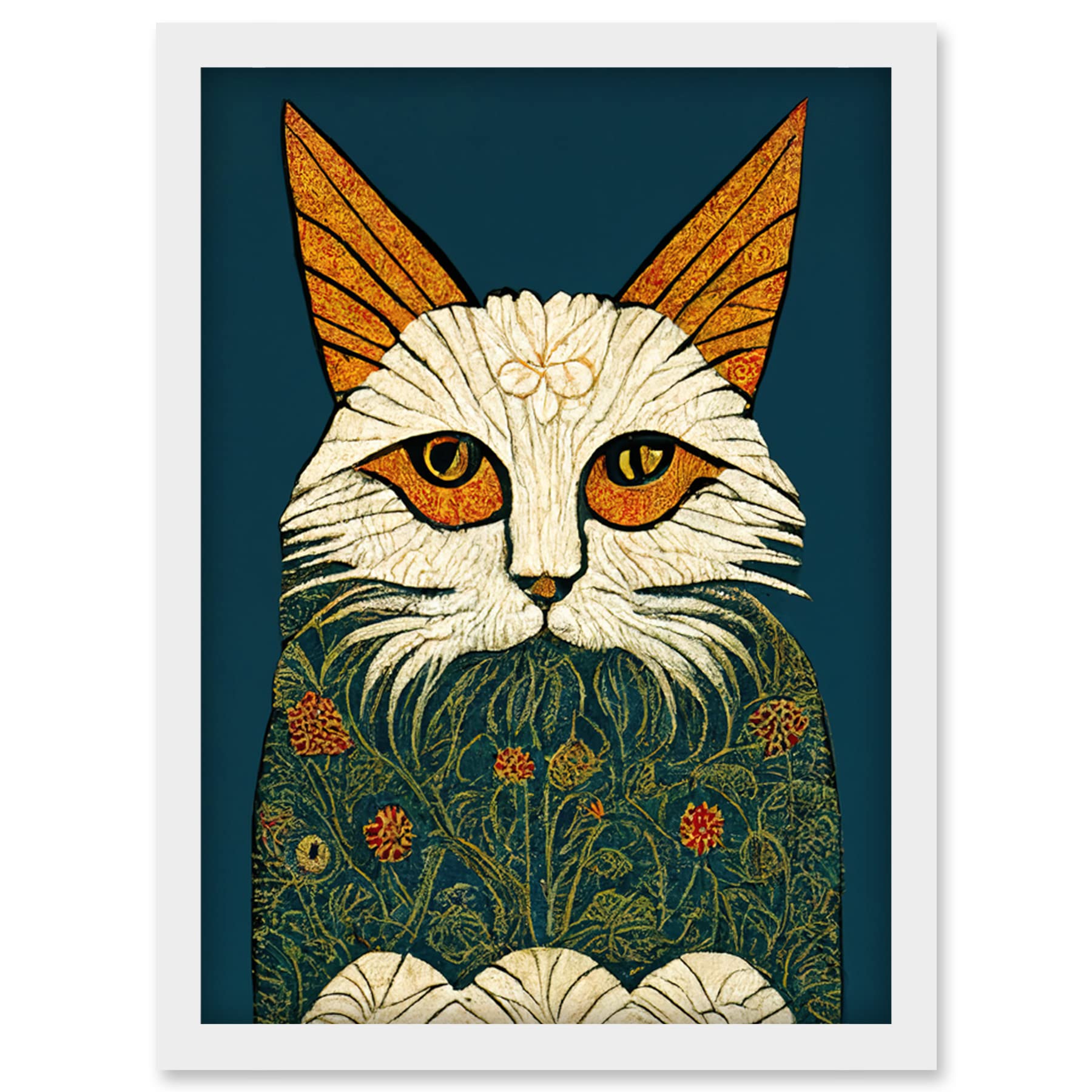 Doppelganger33 LTD Melancholy Moggie Cat Illustration William Morris Style Teal Gold Artwork Framed Wall Art Print A4