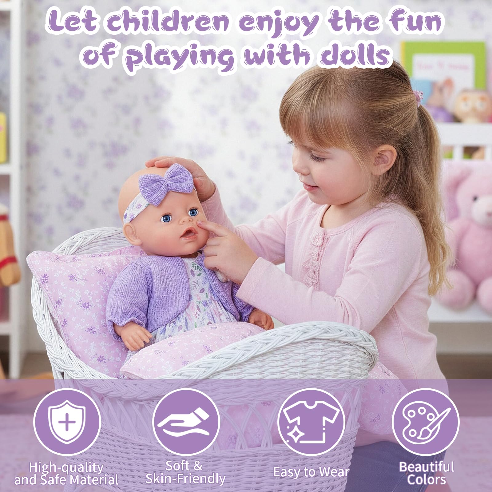 6 sztuk fioletowych ubranek dla lalek niemowlęcych 35-43 cm, słodkie kwiatowe ubranka dla lalek niemowlęcych 14-17 cali, płaszcz, sukienka, opaska na głowę, skarpetki, buty, wieszak na ubrania