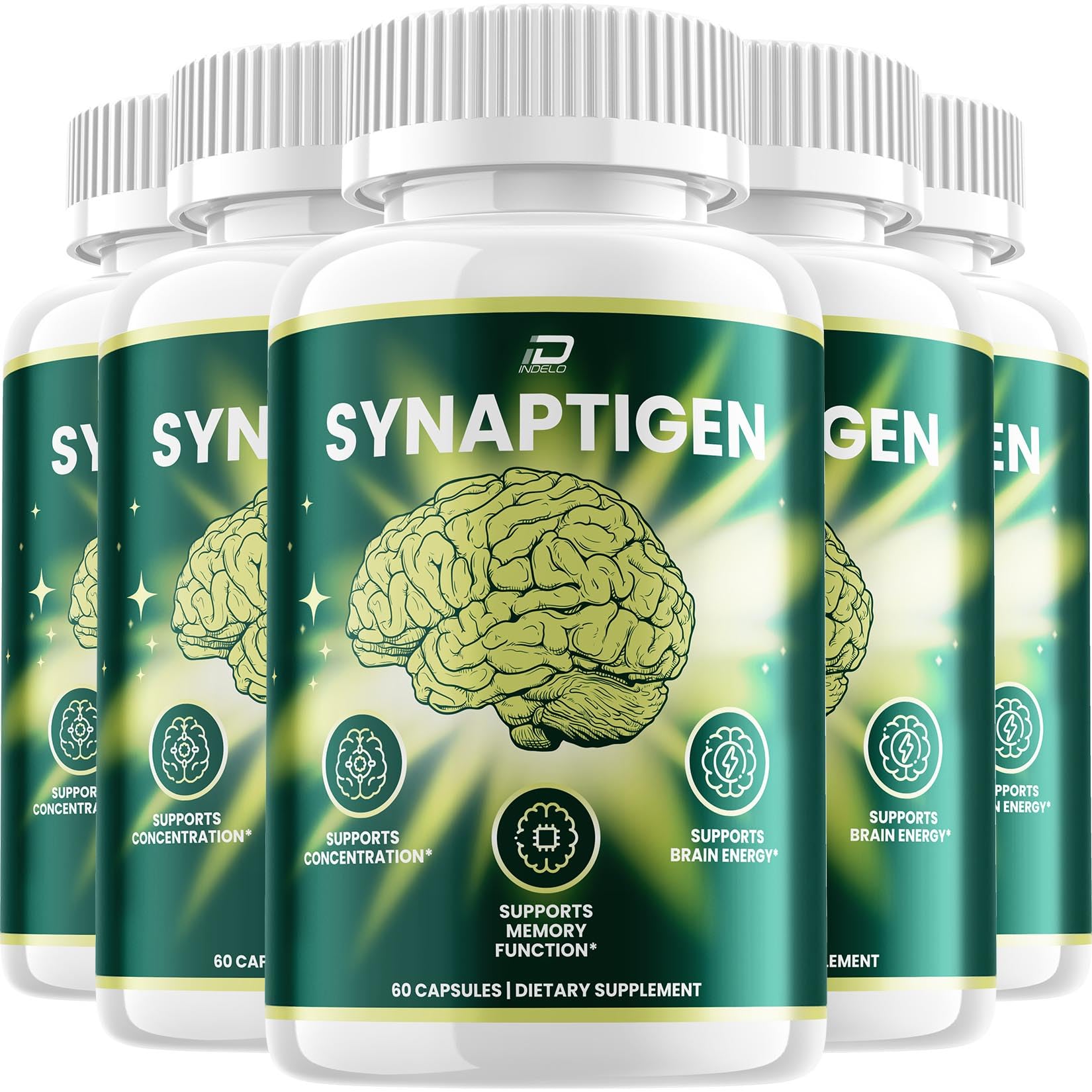 Bottle of Synaptigen brain supplement with glowing capsules and cognitive health visualization on white background