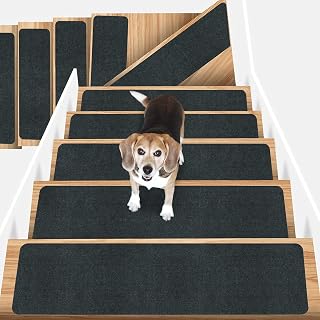 AOHDM Non-Slip Stair Treads Carpet for Wooden Steps, 27.6 x 8.7IN Self-Adhesive Stair Treads Mat, Safety Indoor Stair Runner Mats, Anti Slip Stair Rugs for Kids Elders and Dogs, 15PCS(Black)
