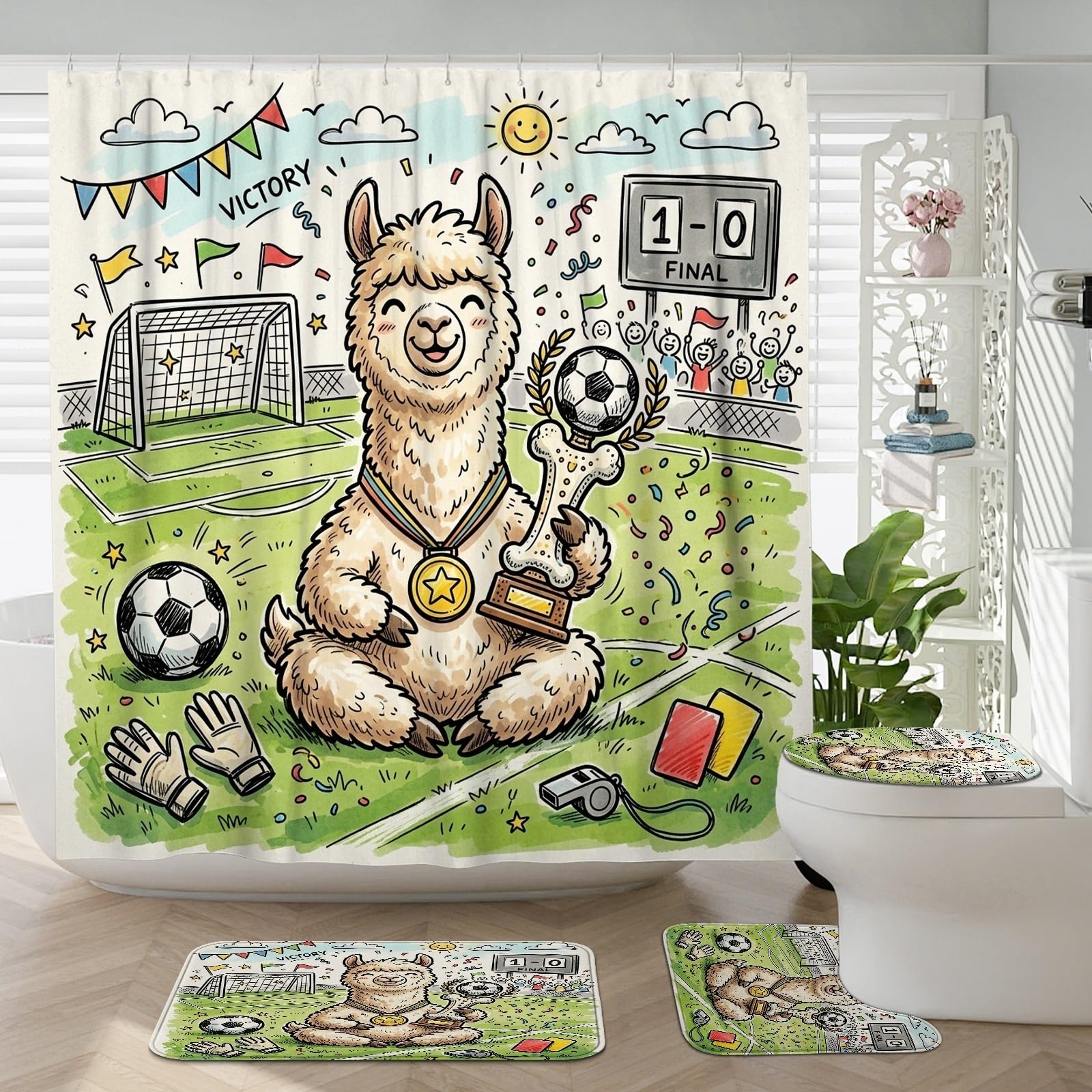 Tapis de bain football et rideau de douche alpaga pour salle de bain enfant