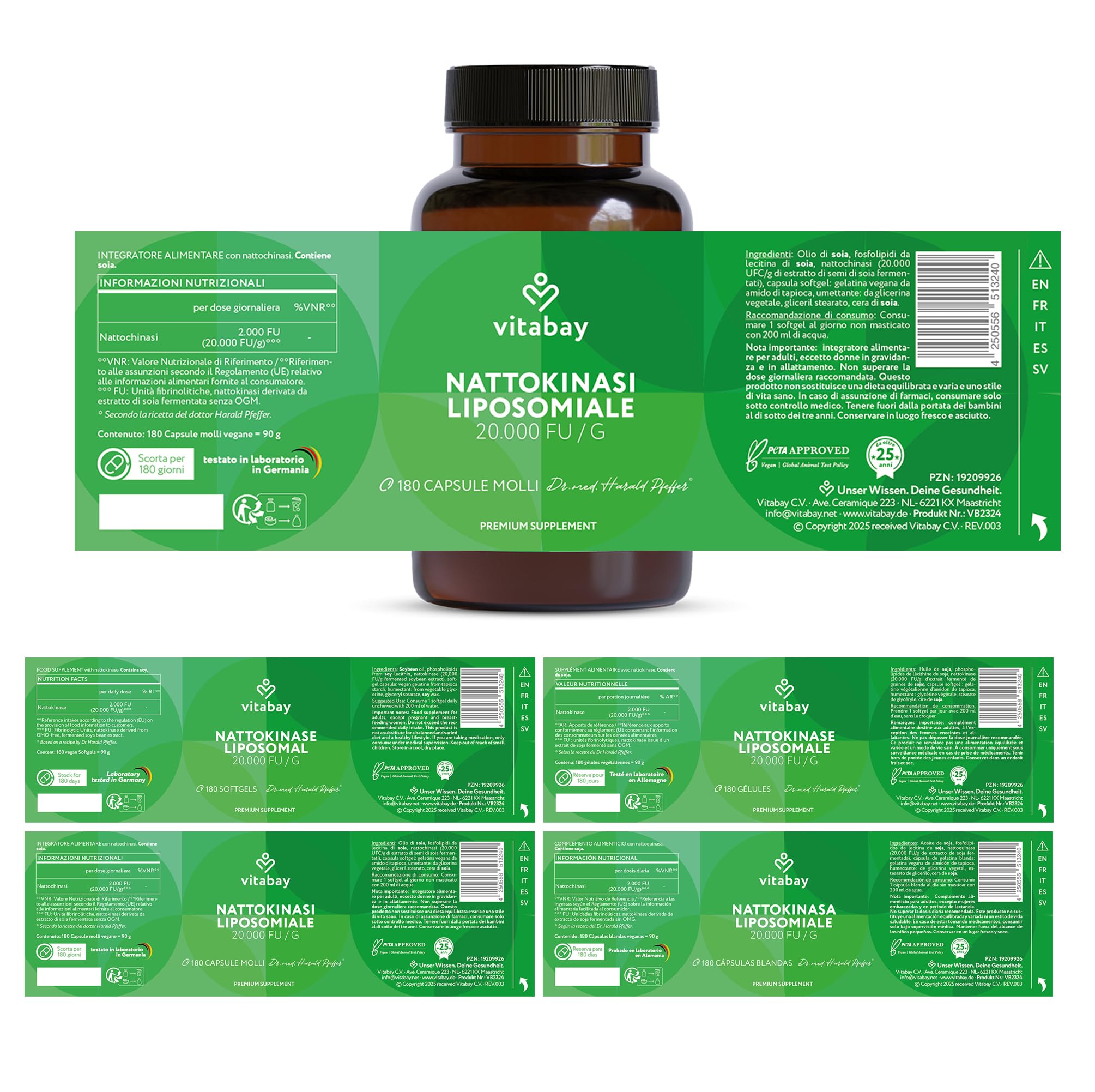 Vitabay Nattokinasi 2.000 FU alto dosaggio – 180 capsule softgel vegane – Nattokinasi liposomiale da soia fermentata – senza vitamina K2, senza additivi & testata in laboratorio – scorta 6 mesi