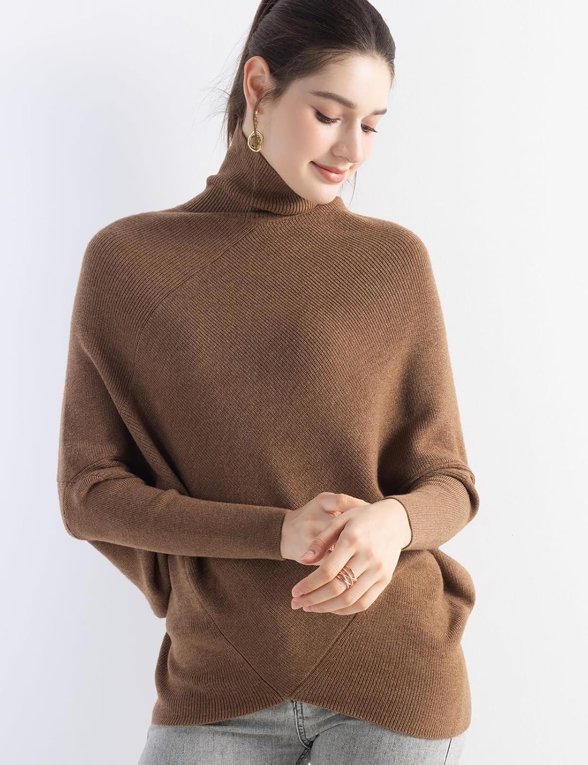 Women's Merino Wool Oversized Sweater 2025 Fall Winter Trendy Turtleneck Batwing Sleeve Knit Pullover Sweater - Image 3