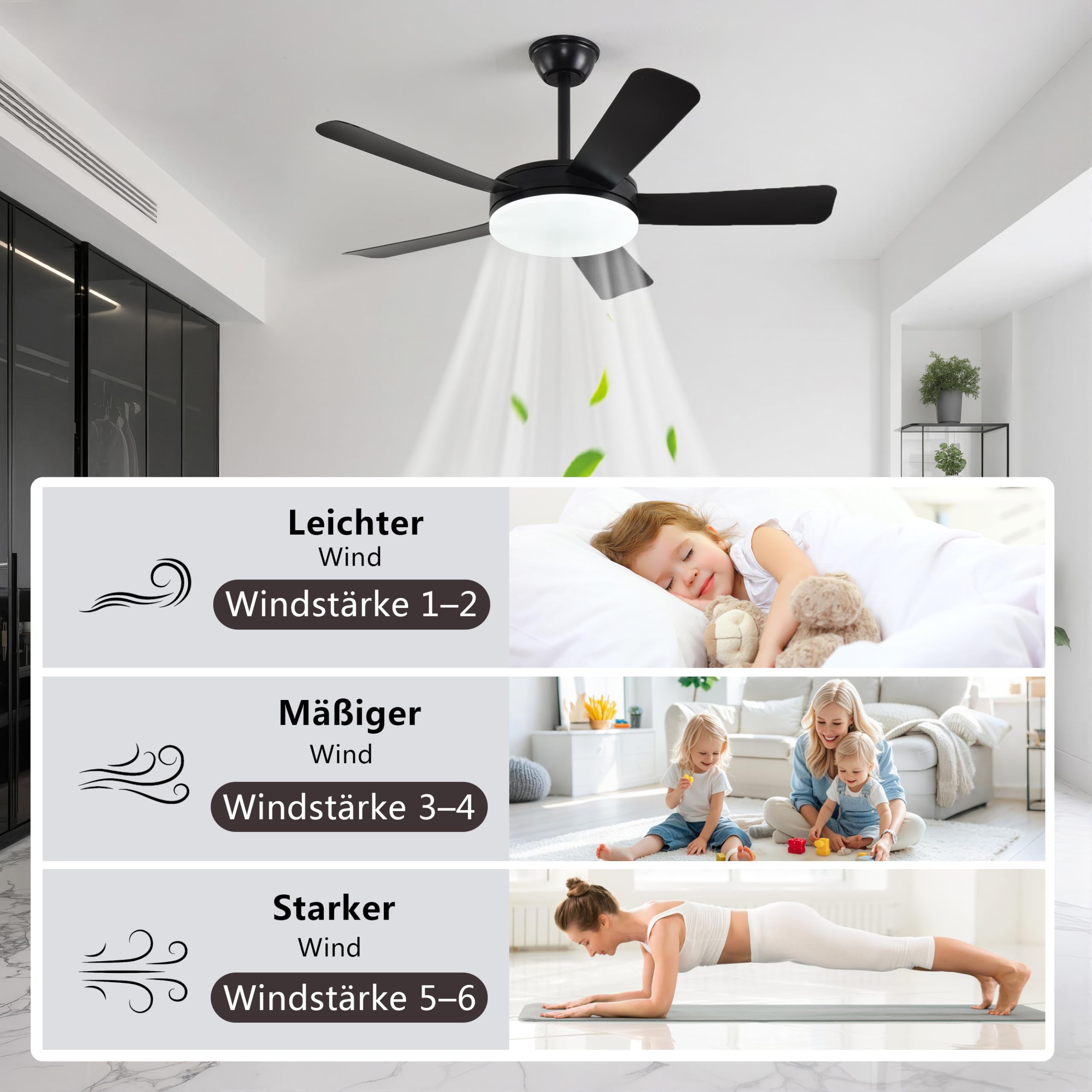 110 CM Schwarz LED Deckenventilator mit Beleuchtung und Fernbedienung Leise | Deckenventilator mit Licht Fernbedienung, 5Flügeln, Timer, 3Farbtemperatur,6Geschwindigkeiten, Motor DC,Sommer Wintermodus