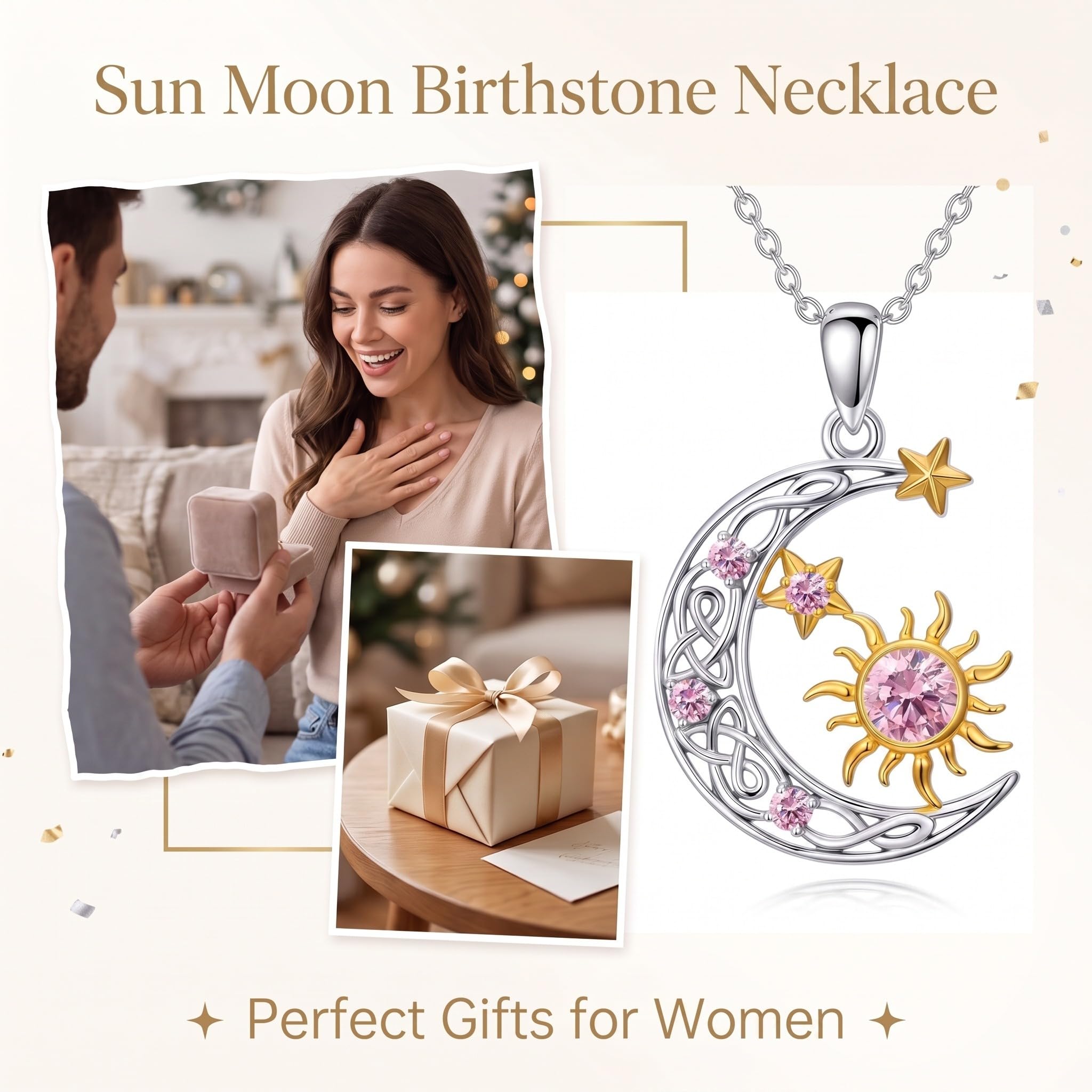 Sonne und Mond Halskette für Damen 925er Sterling Silber Sonne Mond Stern Geburtssteinen Anhänger Kette Geburtstag Weihnachten Schmuck Geschenk für Frauen Mutter Tochter Ehefrau