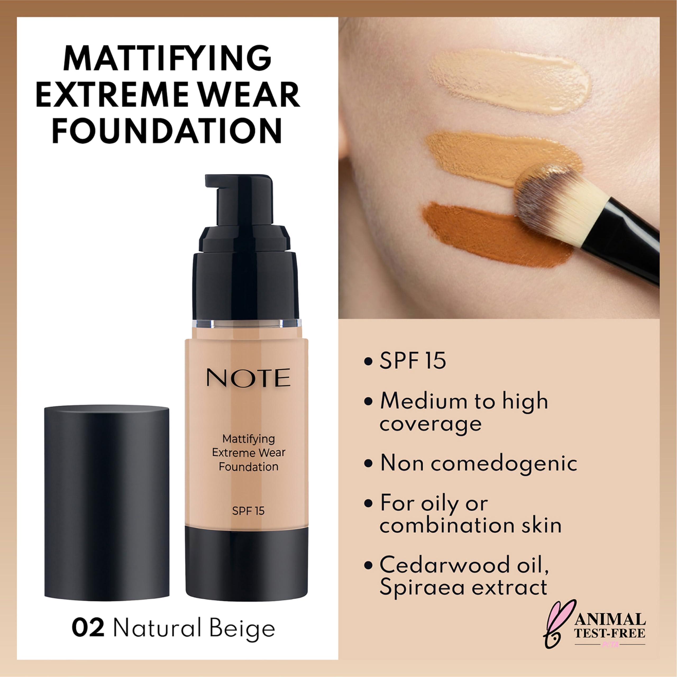 NOTE COSMÉTIQUE - Mattifying Extreme Wear Foundation | Base de Maquillaje Efecto Mate de Larga Duración | Protección SPF 15 | Para Todo Tipo de Pieles (02 Natural Beige)