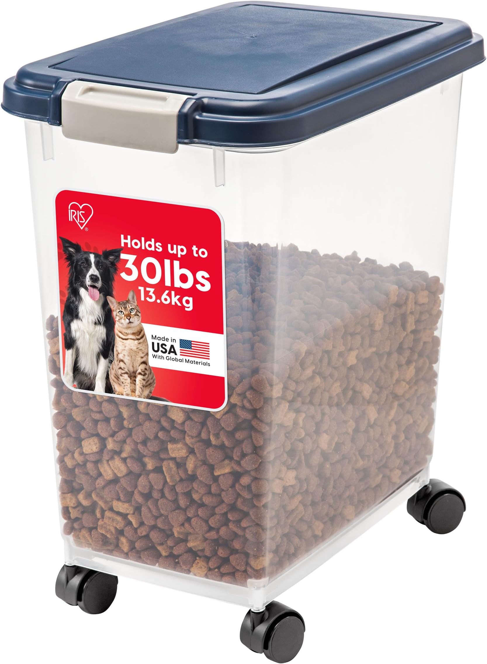 Iris Ohyama USA 25Lbs./33Qt. WeatherPro Airtight Pet Food Storage Container with Attachable Casters, For Dog Cat Bird and Other Pet Food Storage Bin, Keep Fresh, Translucent Body, Easy Mobility, Navy