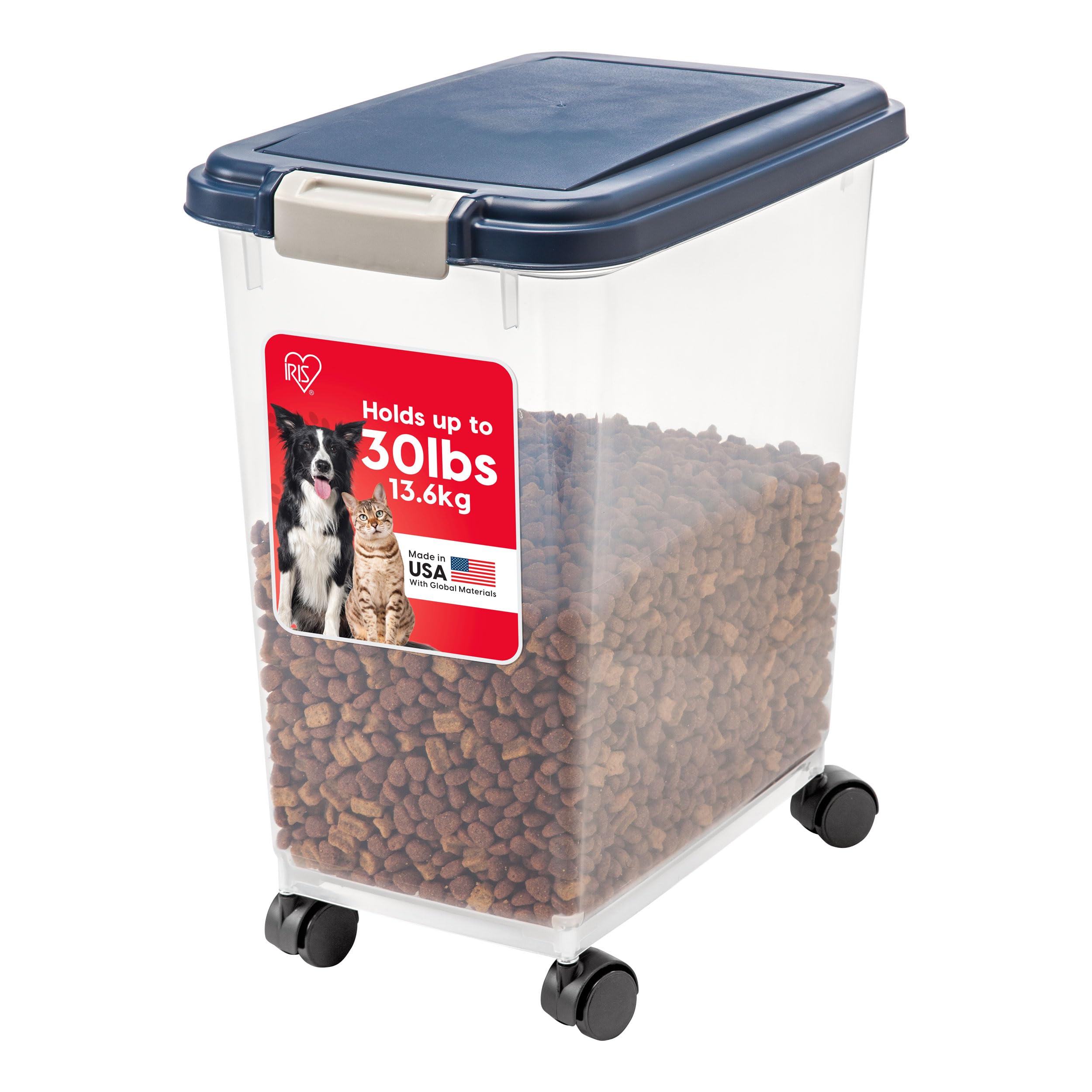 IRIS USA Airtight Dog Food Storage Container, Up to 30 lbs, Attachable Wheels, for Dog Cat Bird and other Pet Food Storage Bin, Keep Fresh, Easy Mobility, BPA Free, Navy