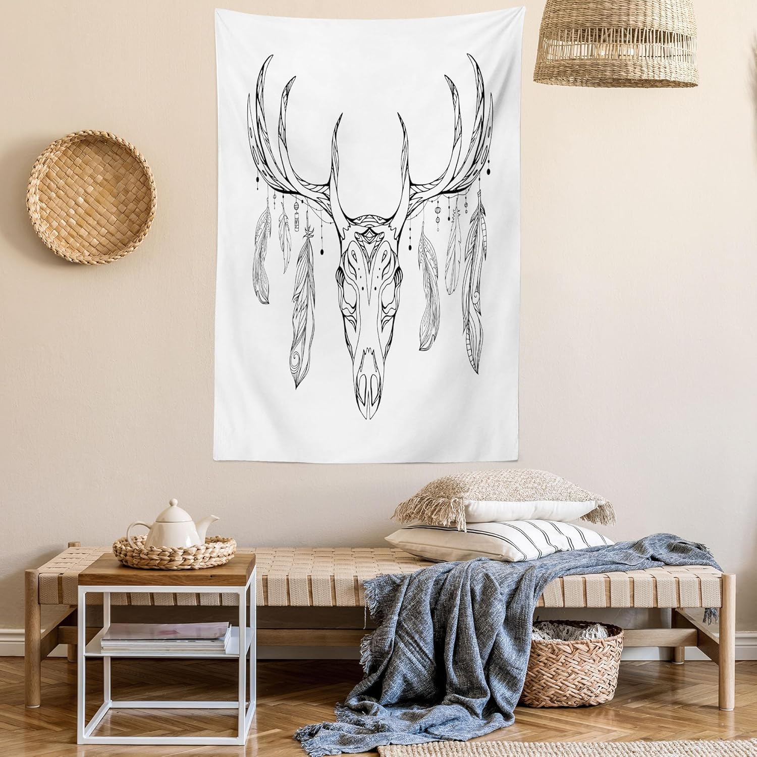 Ambesonne Antlers Tapestry Queen Size, Illustration of a Deer Skull Bone and Feathers Boho Pattern Tribal, Wall Hanging Bedspread Bed Cover Wall Decor, Queen Size, White Grey