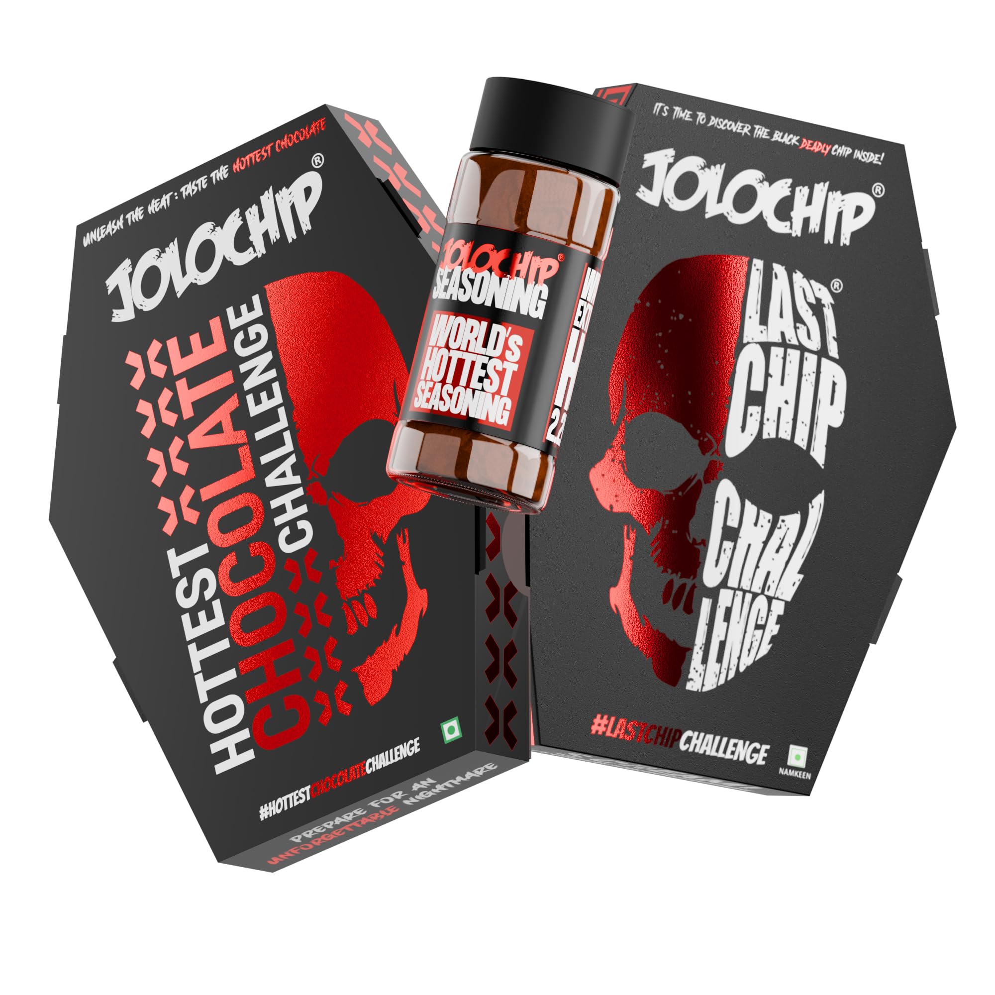 JOLOCHIP Challenge Combo Pack | The Last Chip 5g, World’s Hottest Seasoning 30g, and Hottest Chocolate Challenges (10g)| Extreme Spice Challenge Set | Dare to Try Trio | Fun Gift Pack for Spice Lovers