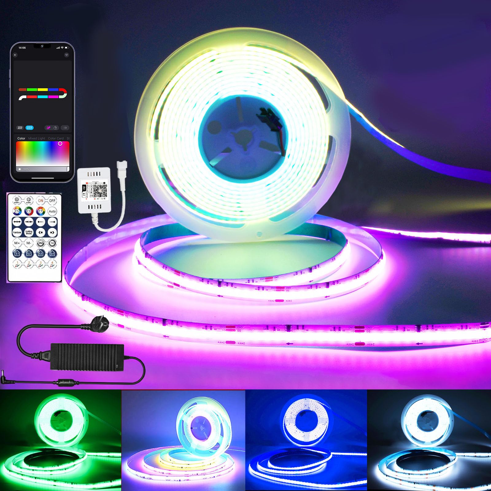 Luces Led Habitacion 10M,WiFi Tiras Led COB RGB+White +Dynamic color 576led/M 5760leds 24V Luces Led Habitación,16Millones de Colores y Música Modos,Para Google Home Assistant/Alexaz