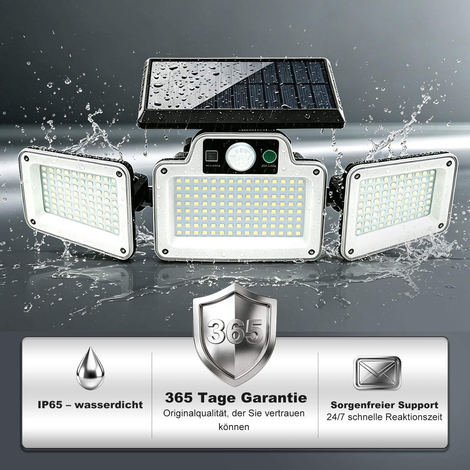 JumJam 280 LED-Solar-Flutlichter für den Außenbereich, 3 verstellbare Köpfe, Solarleuchten für den Außenbereich, Garten, Bewegungsmelder, wasserdicht, kabellos, Solar-Sicherheitsleuchten, außen für