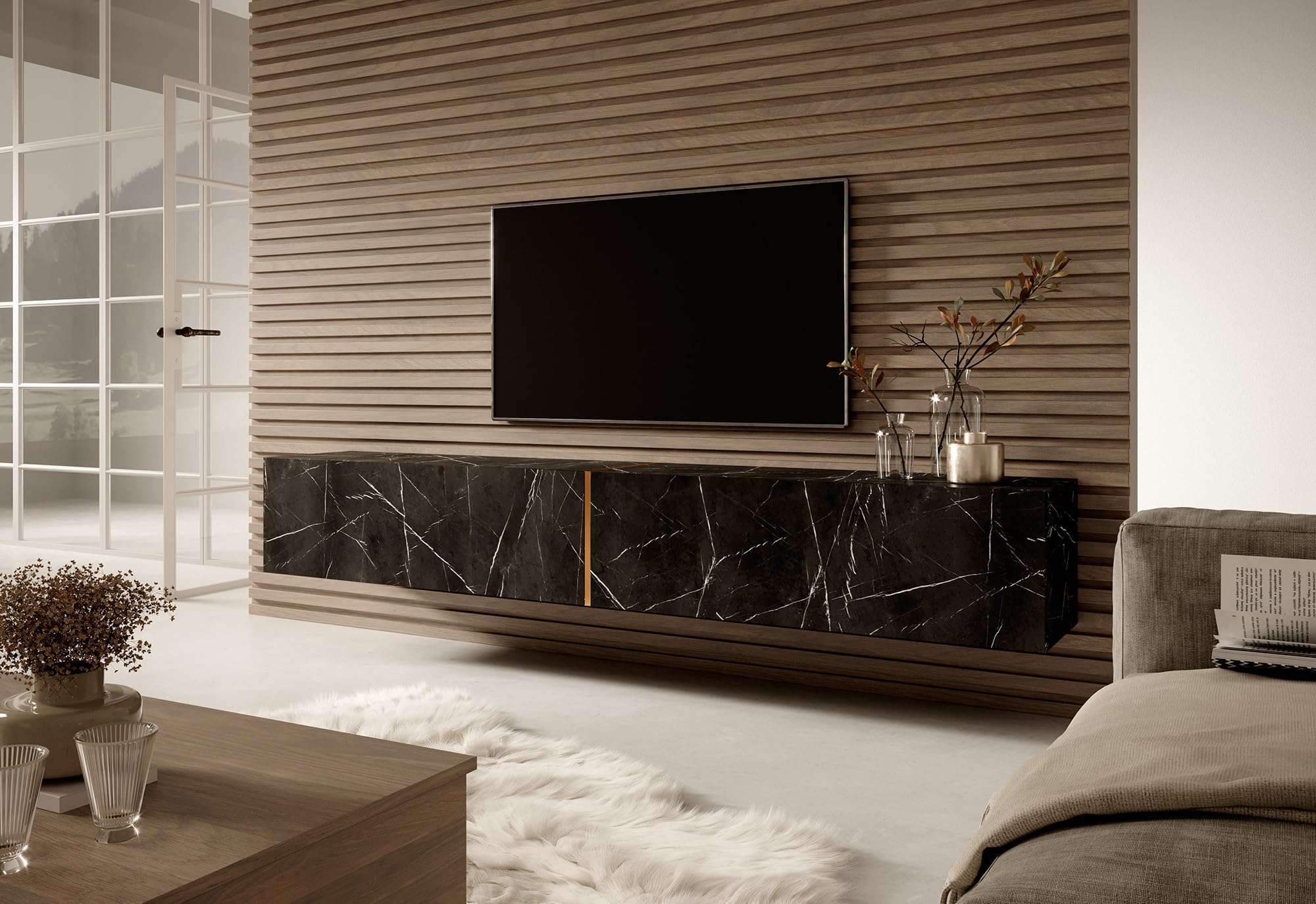 Selsey Mueble De TV Mesa De TV 200 cm Suspendido para Salón Dormitorio Mármol Negro con Inserción Dorada Bisira