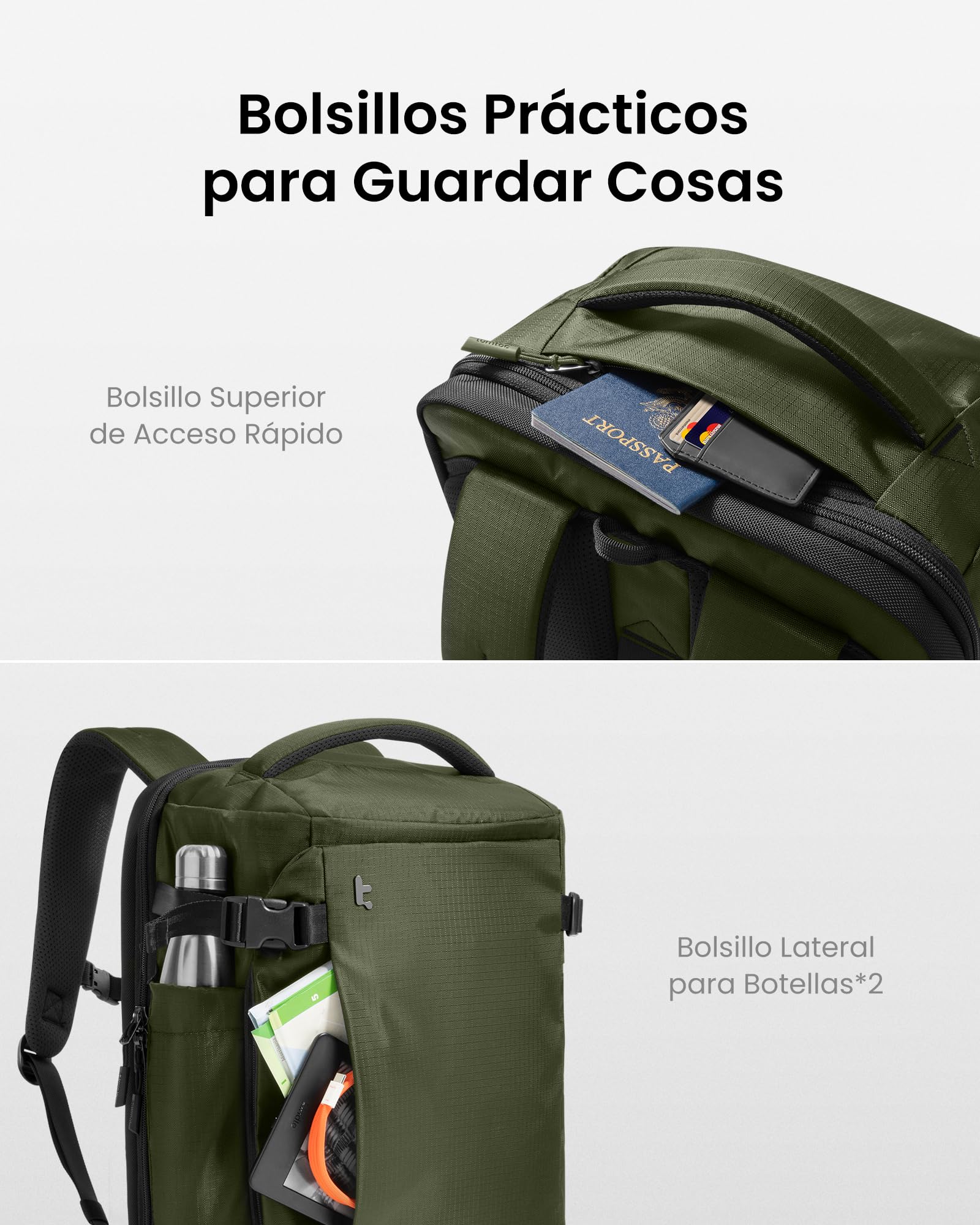 tomtoc Mochila de Viaje 40L, Mochila Viaje Cabina Avion TSA, Mochila Equipaje de Mano Impermeable, Business Travel Backpack Ligera para Portátil 17,3" Hombre Mujer, Grande Weekender Travel Backpack
