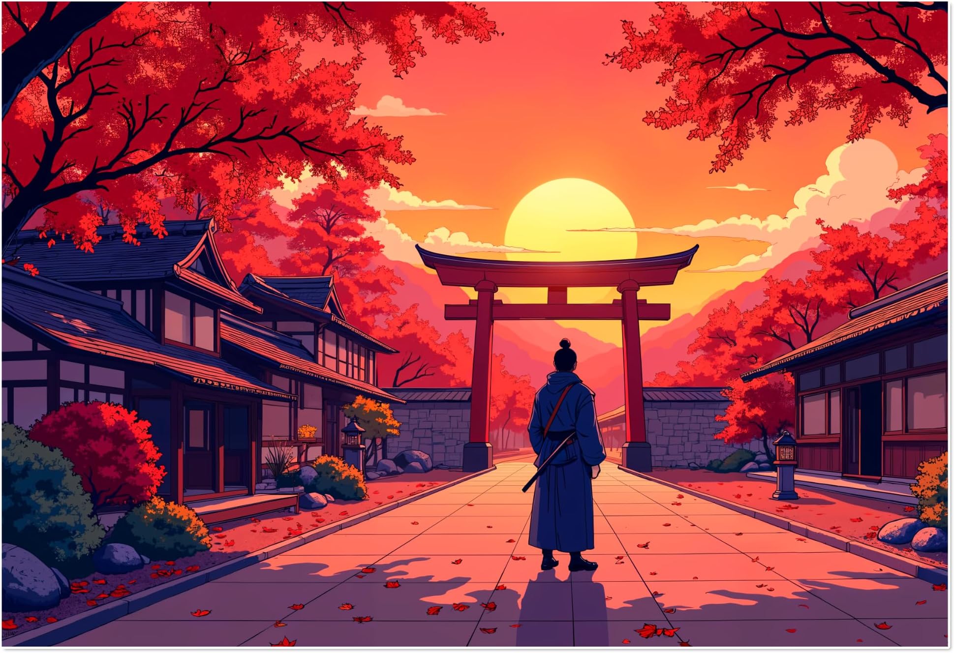 Thinking How Samurai Temple Sunset Wall Sticker – Anime Style Japanese Art Die Cut Glossy Vinyl (45 × 30 cm)