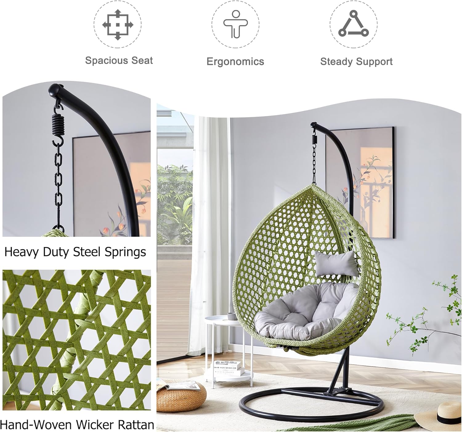 Green Egg Swing Chair with Stand,Hanging Egg Chair Indoor Outdoor with Cushion and Pillow,Modern Wicker Swing Chair,300lbs Capacity for Porch,Patio,Garden, Bedroom, Balcony,Yard