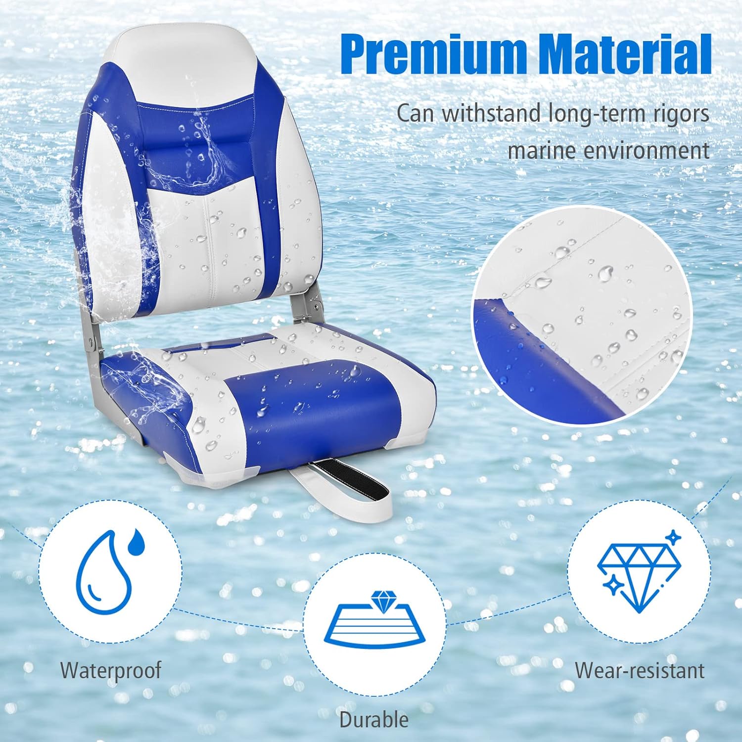 Goplus Low/High Back Boat Seats, Folding Boat Seat with Stainless Steel Screws & Aluminum Hinges, Thickened Sponge Padding, Waterproof Fishing Captain Boat Seats (1 Pack Dark Blue & White)