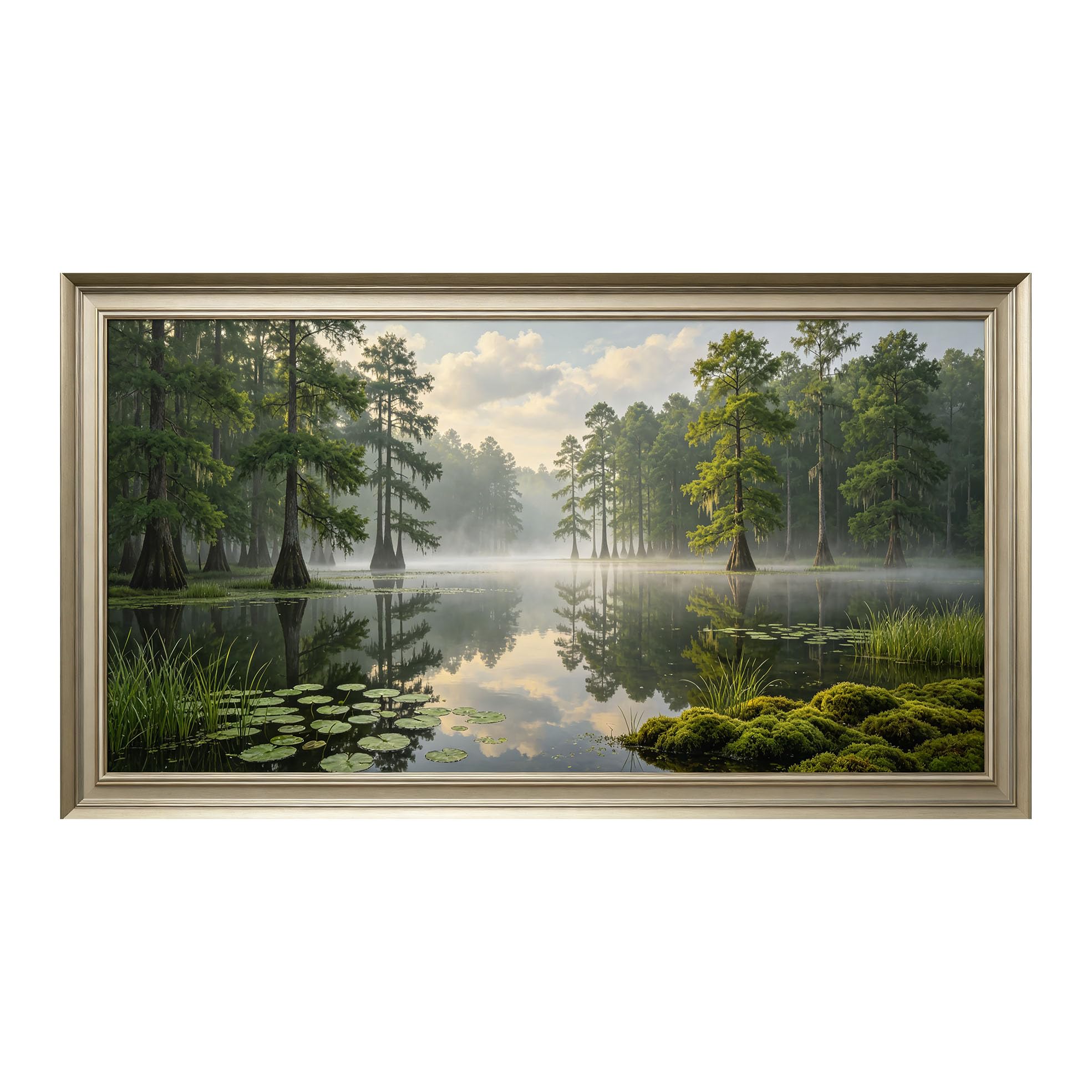 Yzpallescene 3D Framed Wall Art 50cm×100cm Misty Cypress Swamp Lake Nature Landscape Realistic Panoramic Large Size SelfAdhesive Removable Wall Decor Prints Artwork for Living Room Bedroom Office