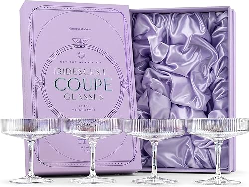 GLASSIQUE CADEAU Vasos vintage Art Deco Iridiscentes Coupé Juego de 4 Cristalería de cóctel de colores arcoíris de 7 onzas para beber champán,