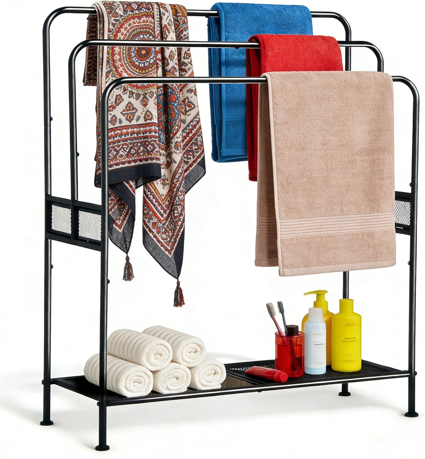 44" Extra Large Free Standing Towel Rack - 3 Tier Outdoor Pool Towel Holder, Versatile Blanket and Quilt Rack Stand for Living Room, Bathroom, Bedroom, Beach, Hot Tub, Gym and Pool Area Outside