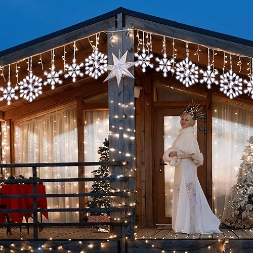 Miniatura 6 de Paquete de 2 luces LED parpadeantes de copos de nieve de Navidad con 6 gotas, 8.8 pies, 14 de 100 luces de copo de nieve de Navidad parpadeantes al