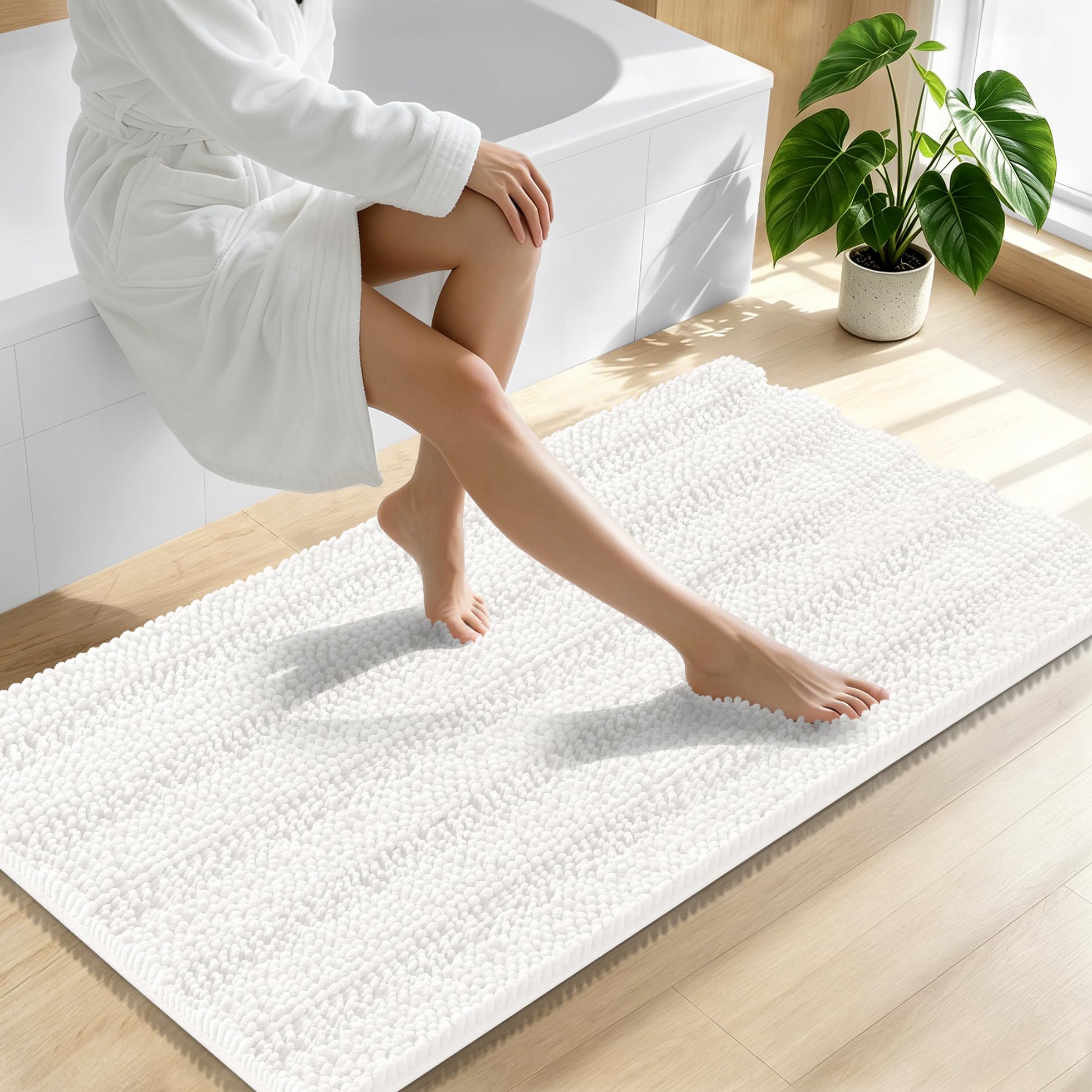 Smiry Thick Chenille Bathroom Runner Rugs 47x24, Absorbent Bath Mat, Ivory