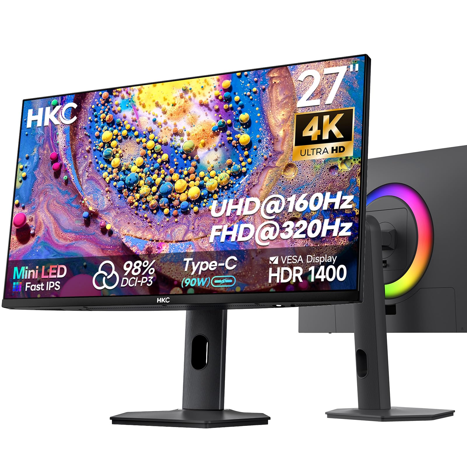 HKC 27 Zoll 4K Gaming Monitor, UHD 160Hz / FHD 320Hz, Mini LED IPS Panel, HDR1400, 98% DCI-P3, 1ms, 2× HDMI 2.1,DP 1.4,Type-C 90W USB 3.0, Height Adjustable, VESA 100x100, G27M7Pro