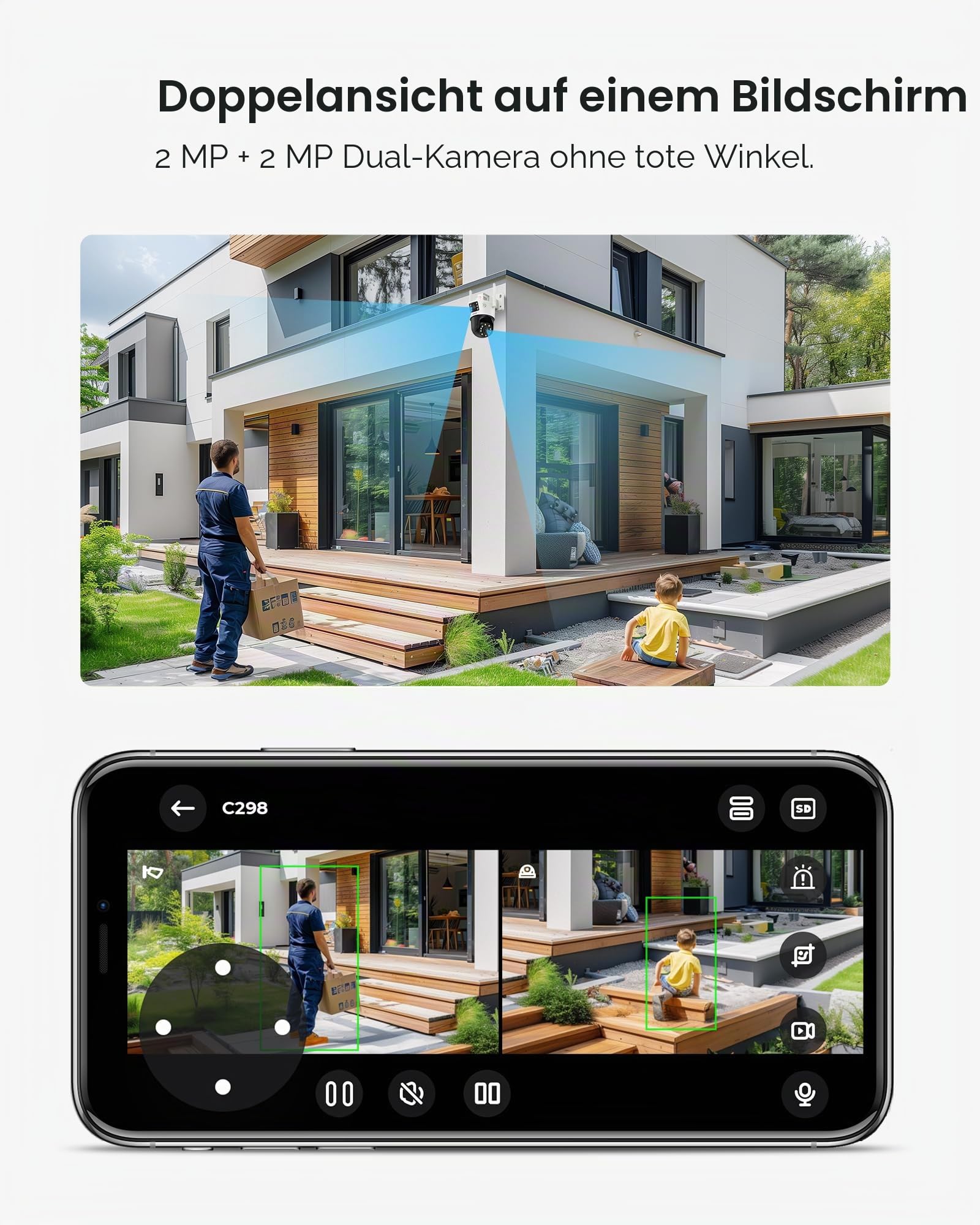 ZOSI Duallinse PTZ Überwachungskamera Außen WLAN 2MP+2MP 2,4Ghz WiFi Kamera